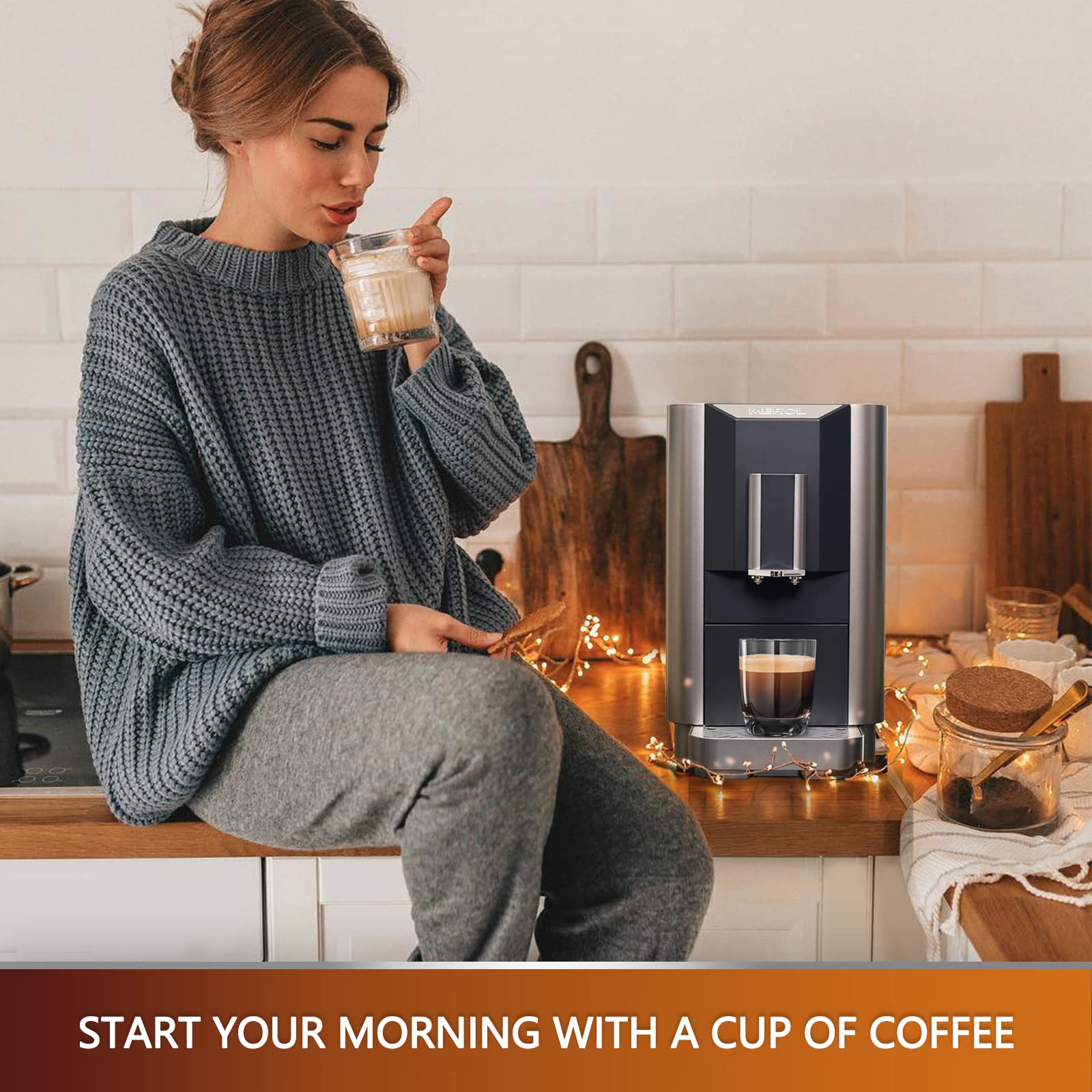 Fully Automatic Espresso Coffee Machine with Touch Screen - 19 Bar Pressure, Built-in Adjustable Grinder, Compact Home & Office Coffee Maker (ME-720, Grey/Silver) - Perfect for Coffee Lovers, Baristas & Small Cafes