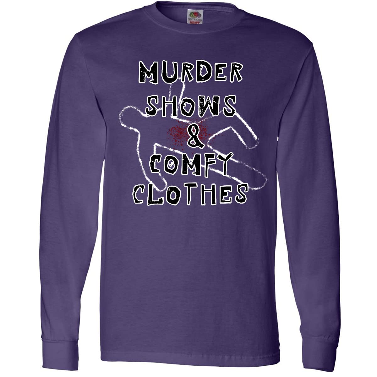 Inktastic Murder Shows & Comfy Clothes Bloody Chalk Adult Long Sleeve T-Shirt | True Crime Fan Gift, Halloween Costume, Horror Movie Lover Apparel