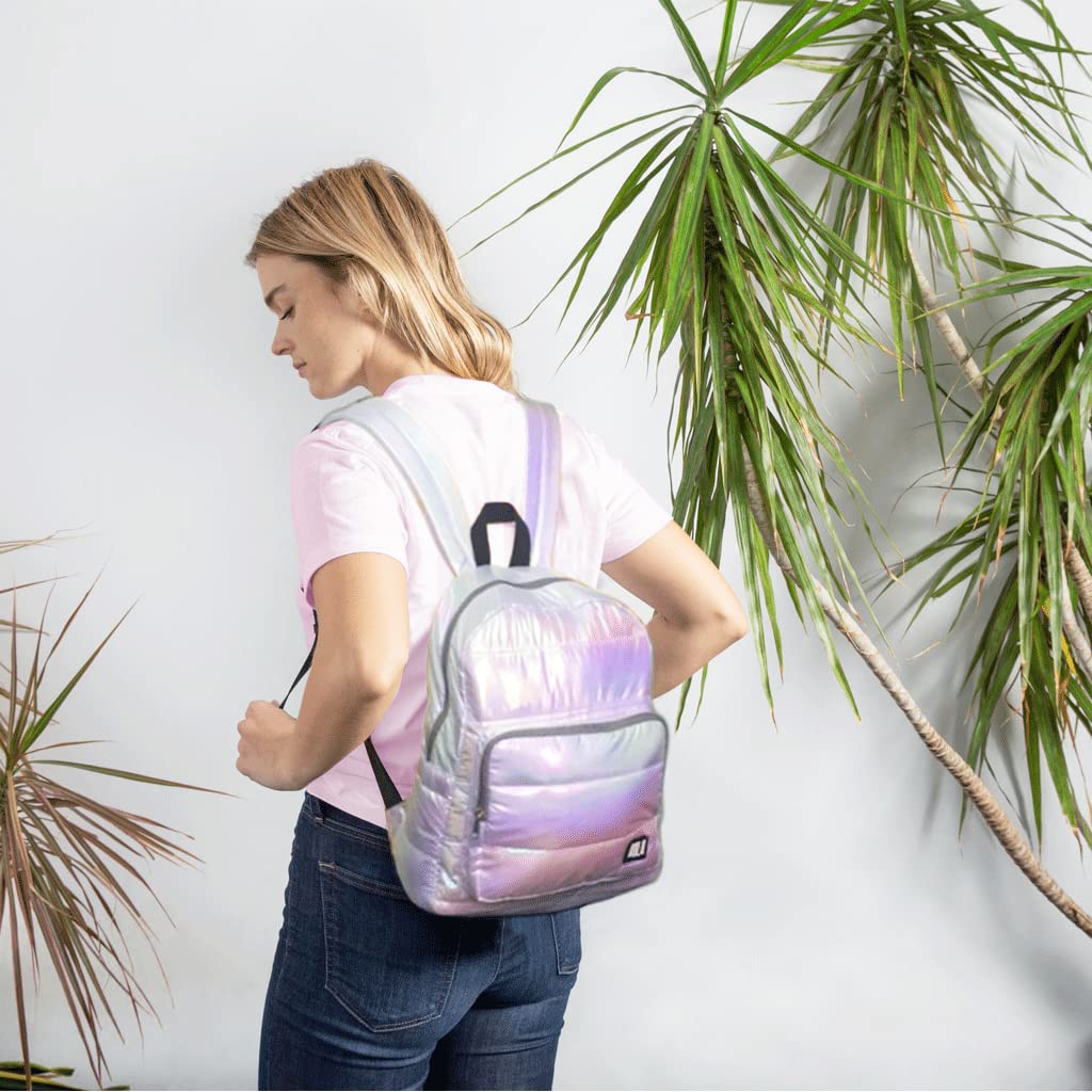 Stylish Women's Small Quilted Nylon Backpack Purse - Lightweight Water-Resistant Iridescent Puffy Daypack for Work, Travel & Casual Outings