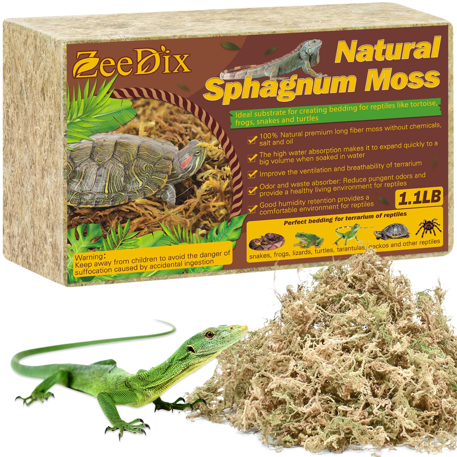 Premium 1.1LBS Sphagnum Moss for Reptiles - 25QT Long Fiber Terrarium Moss for Leopard Geckos, Frogs, Anoles, Snakes & Turtles | Natural Peat Moss Bedding for Reptile Habitats & Live Plants | Ideal for Moisture Retention & Nesting