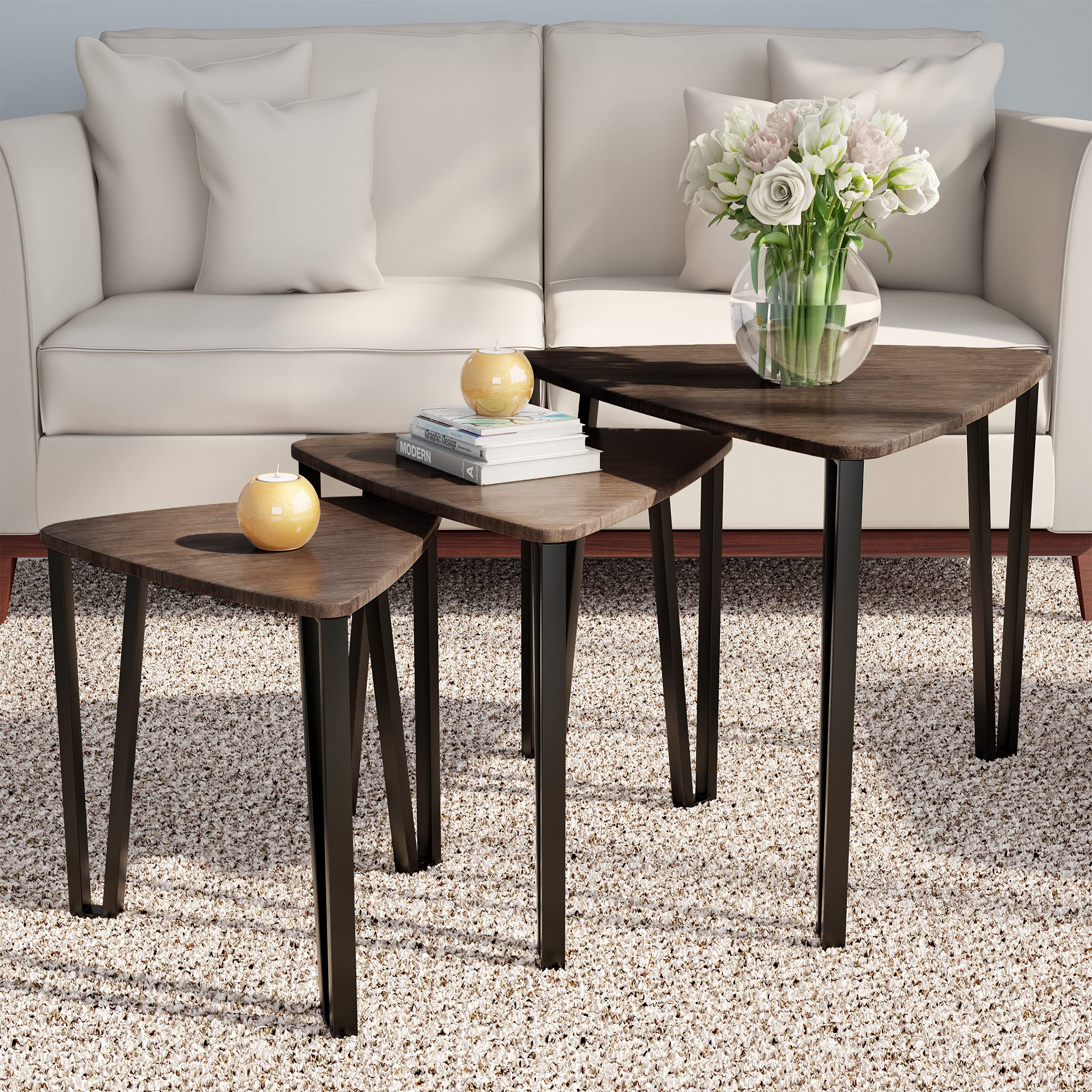 LAVISH HOME Nesting Coffee Tables Set of 3 - Modern Woodgrain Look Side Tables for Living Room, Bedroom Nightstands - Contemporary Accent Furniture for Small Spaces, Home Decor | Perfect for Apartments, Dorms & Cozy Living Areas