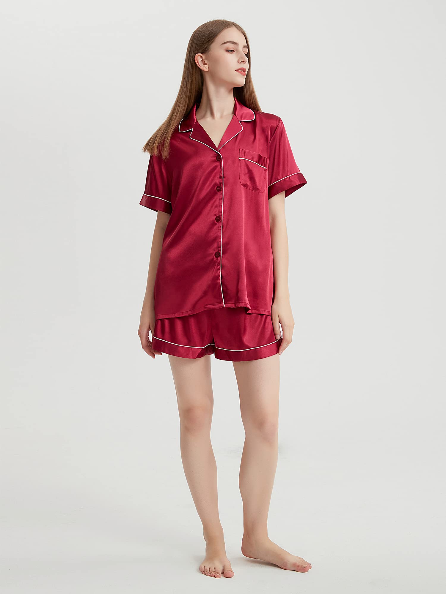 2 Piece Silk Satin Pajama Set for Women - Soft & Comfortable Short Sleeve Button Down Sleepwear - Perfect for Lounging, Sleepovers & Relaxing at Home