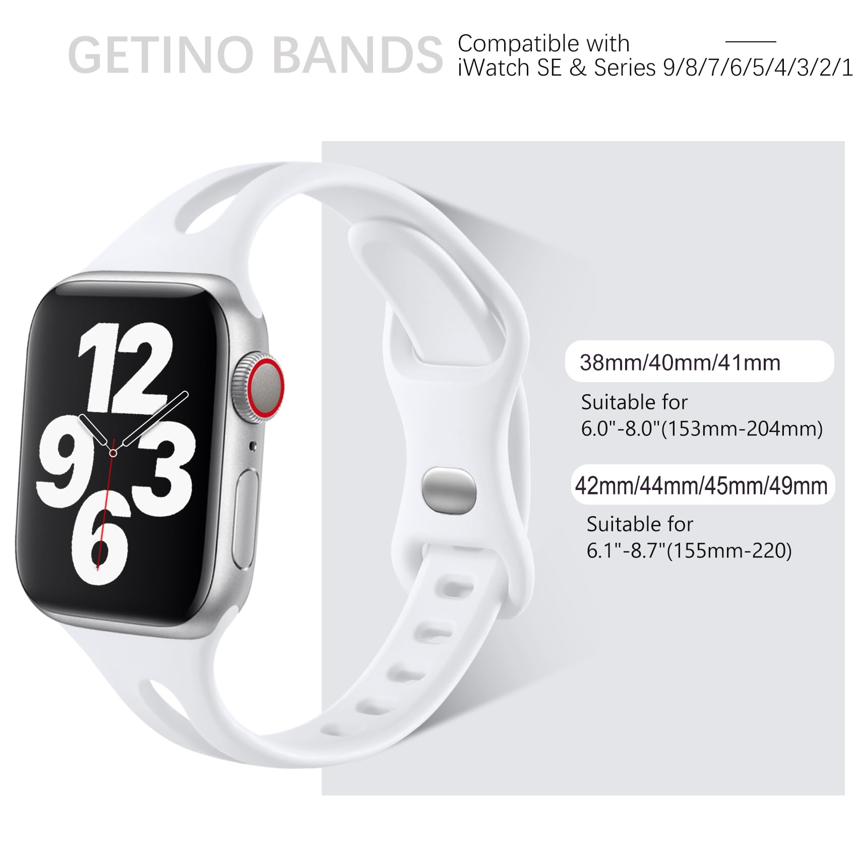 Getino Soft Silicone Sport Band for Apple Watch Series 1-10 & SE (42mm/44mm/45mm/46mm/49mm) - Breathable, Slim Design for Women & Men - Black/White/Pebble Gray/Blue Gray - Perfect for Running, Gym & Everyday Wear