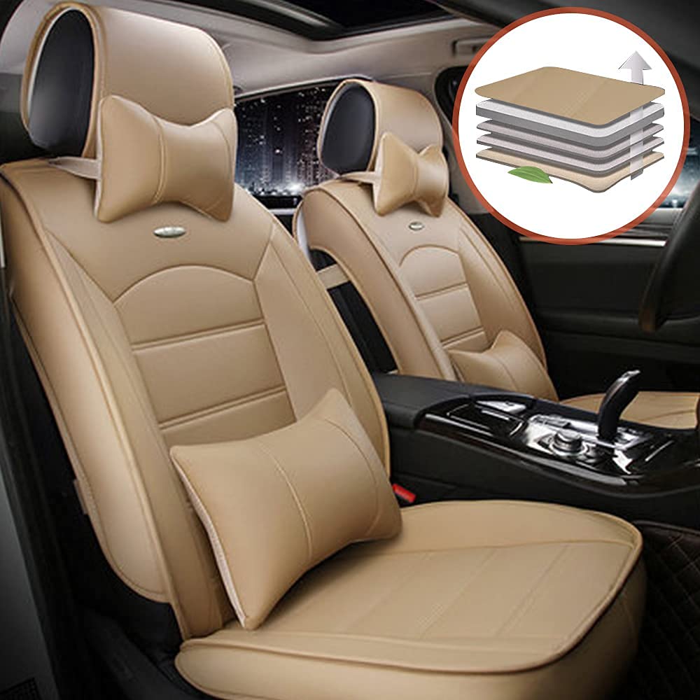 Premium Universal Leather Car Seat Covers - Waterproof, Airbag Compatible & Wear Resistant (Beige) - 2-Piece Set with Comfort Pillow | Perfect for SUVs, Sedans & Trucks | Enhances Interior Style & Protection