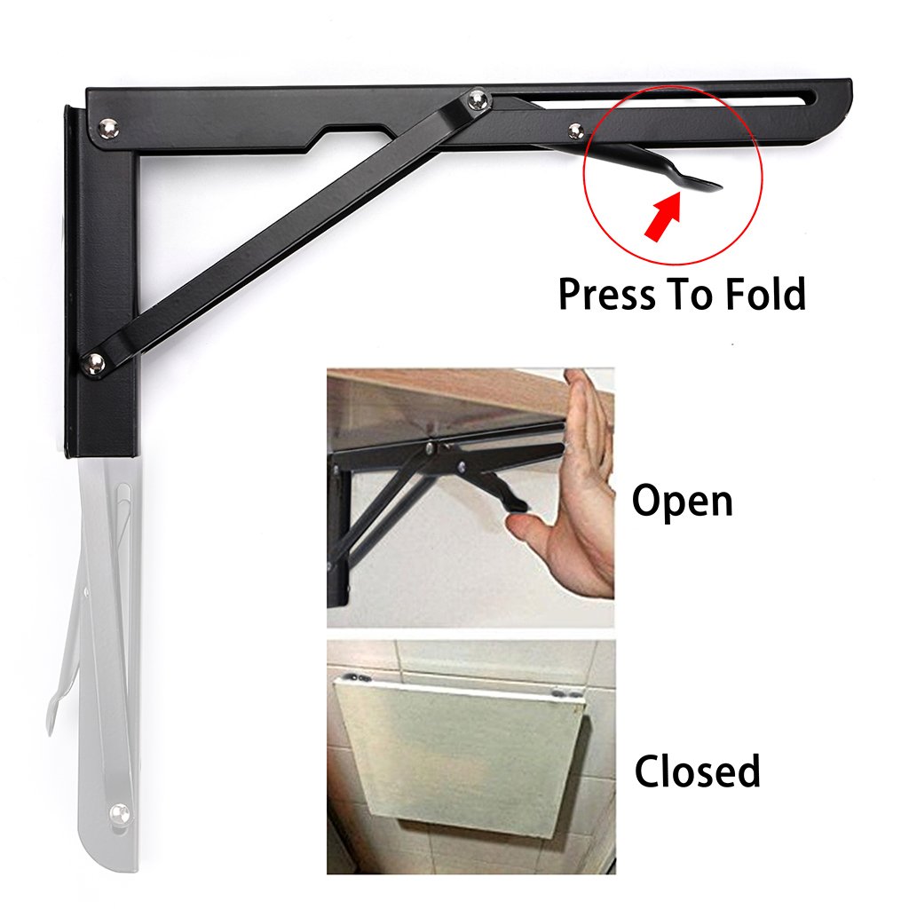 Heavy Duty Metal Folding Shelf Brackets 12 Inch - 2 Pack Black Triangle Wall Mounted Hinges for Tables, Benches & Shelves | Sturdy Support for Home, Garage & Workshop Organization