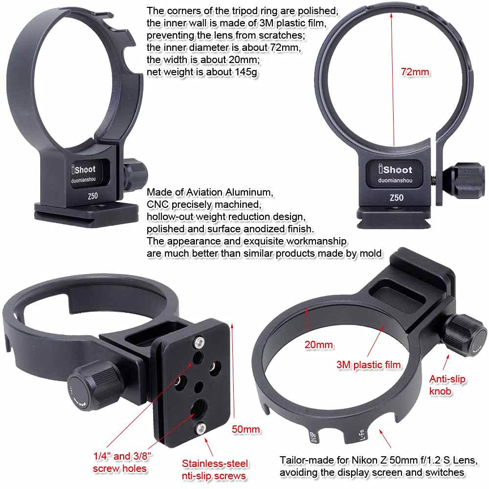 iShoot Metal Lens Collar Tripod Mount Ring for Nikon Z 50mm f/1.2 S Lens - Arca-Swiss Compatible Quick Release Plate with Dovetail Groove - Professional Lens Support Bracket for Photography, Videography & Travel Shooting