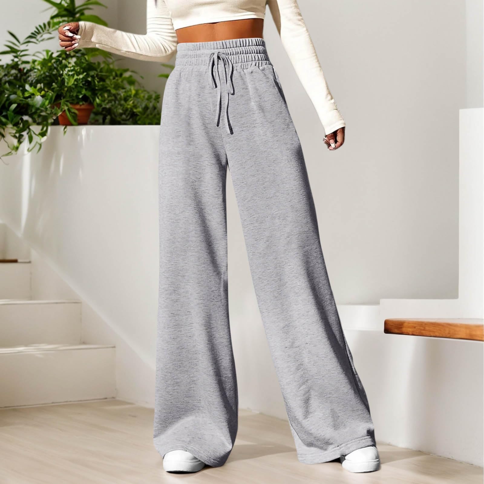 **Women's Wide Leg Sweatpants - Winter Baggy Straight Leg Joggers with Pockets, Plus Size Drawstring Flare Pants for Lounge, Yoga & Casual Wear**