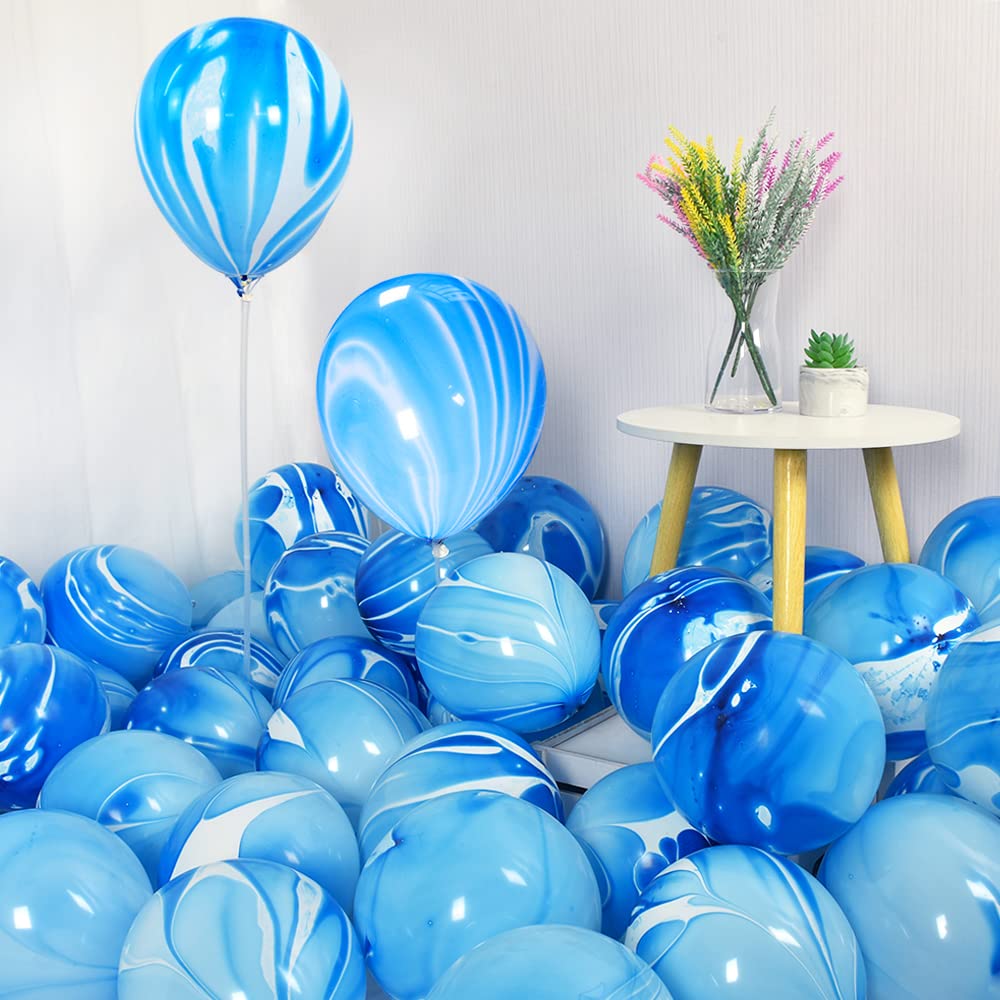 50pcs Blue Marble Balloons 12 Inch - Agate Latex Swirl Balloons for Birthday Party, Wedding, Baby Shower, Easter, Halloween Decorations - Perfect for Photobooth Backdrops & Festival Balloon Arches