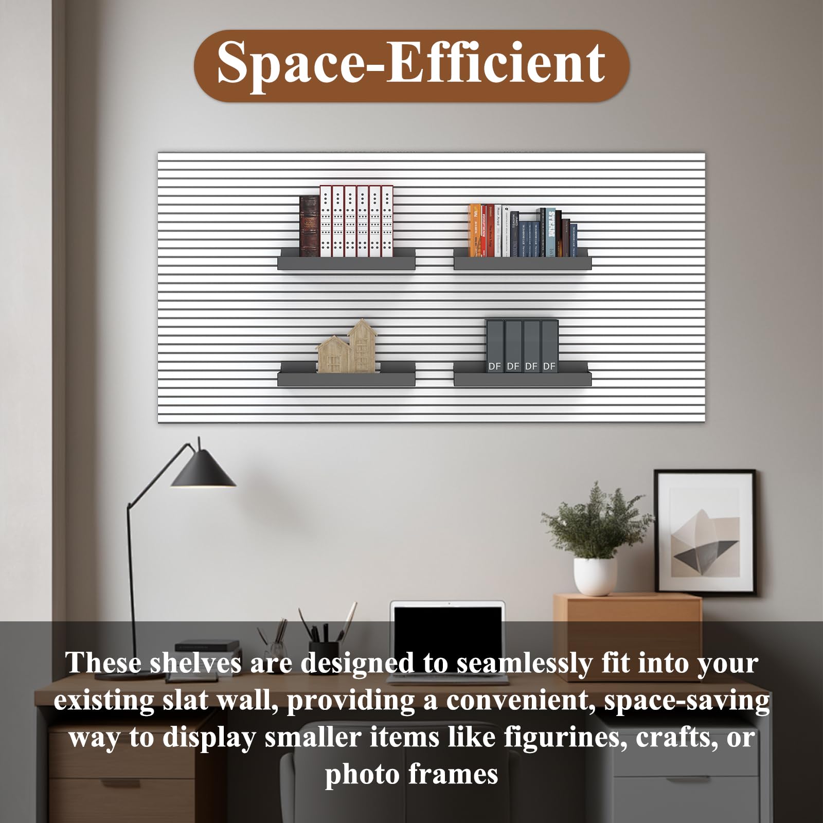 4 Pack 16x8 Inch Heavy Duty Metal Slatwall Shelves & Baskets - Black Retail Display Storage Organizer for Shop, Garage, and Closet Organization
