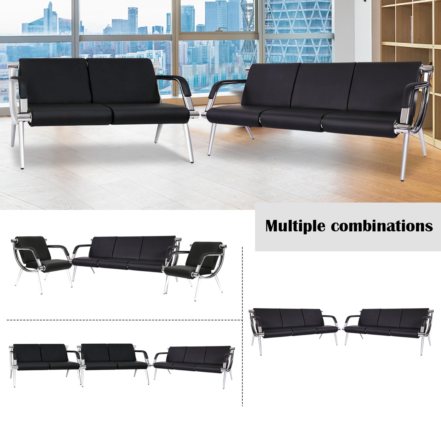 Kinsuite 5-Seat PU Leather Waiting Room Chairs with Arms - Comfortable Reception Benches for Airport, Clinic, Office, School & Salon | Durable Guest Seating Solution for High-Traffic Areas