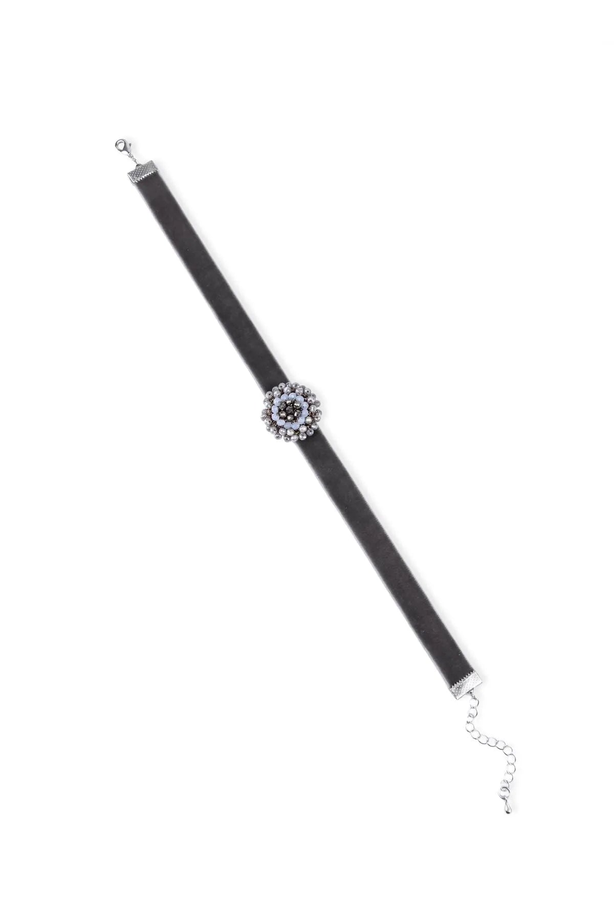 Elegant Grey Velvet Choker Necklace with Beaded Flower Design - Perfect for Weddings, Parties & Evening Events