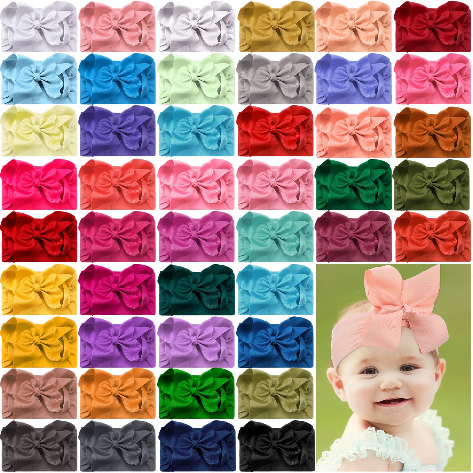 Hoteam 50 Pcs Baby Girls Large Bows Headbands - 6.3 Inch Soft Wide Turban Headbands with Elastic Nylon - Hair Accessories for Newborns, Infants, Toddlers & Kids - Perfect for Birthday Parties, Photo Shoots & Daily Outfits