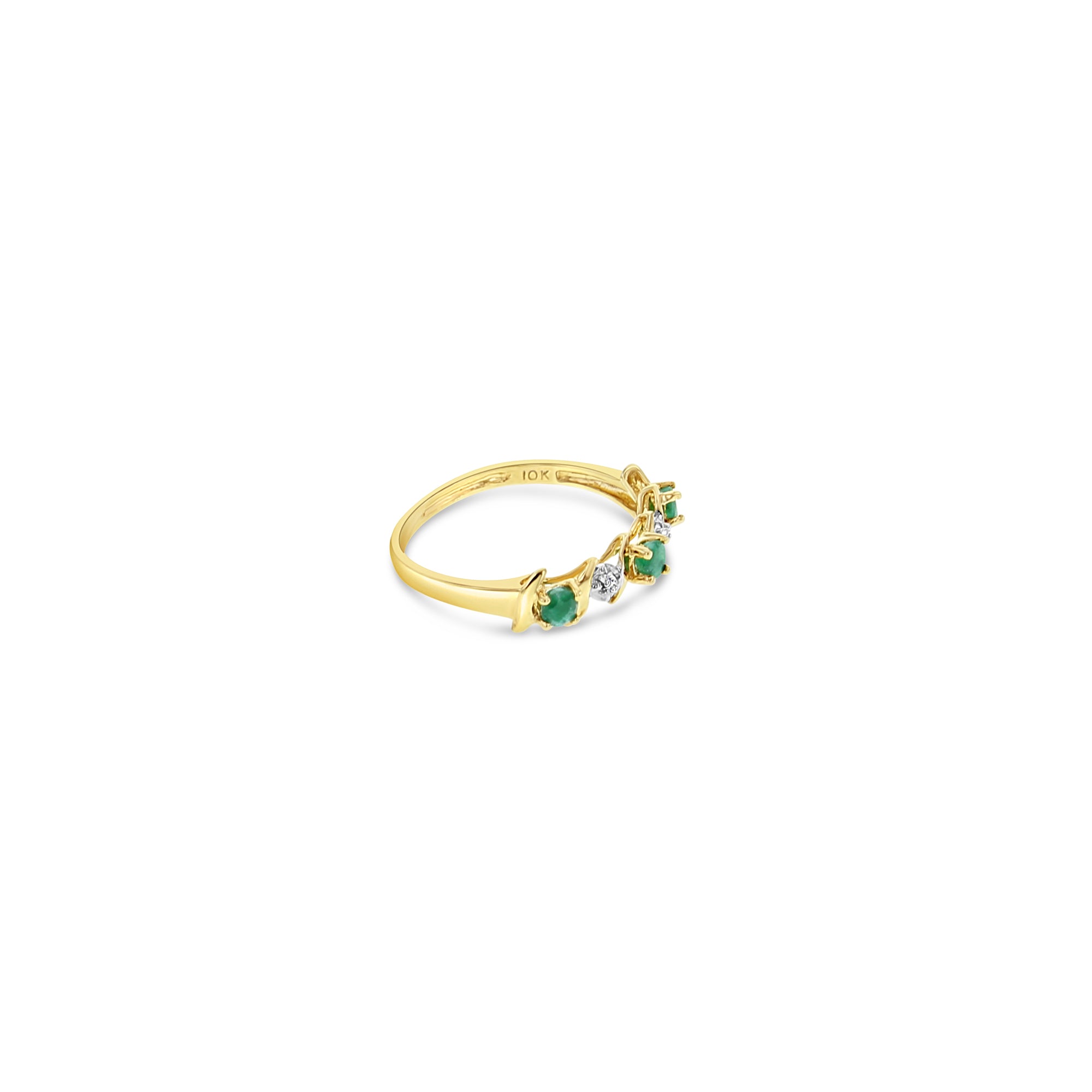 Emerald and Diamond Ring 0.15cttw 10k Yellow Gold - Elegant S-Shaped Design for Women, Perfect for Engagement, Anniversary & Special Occasions