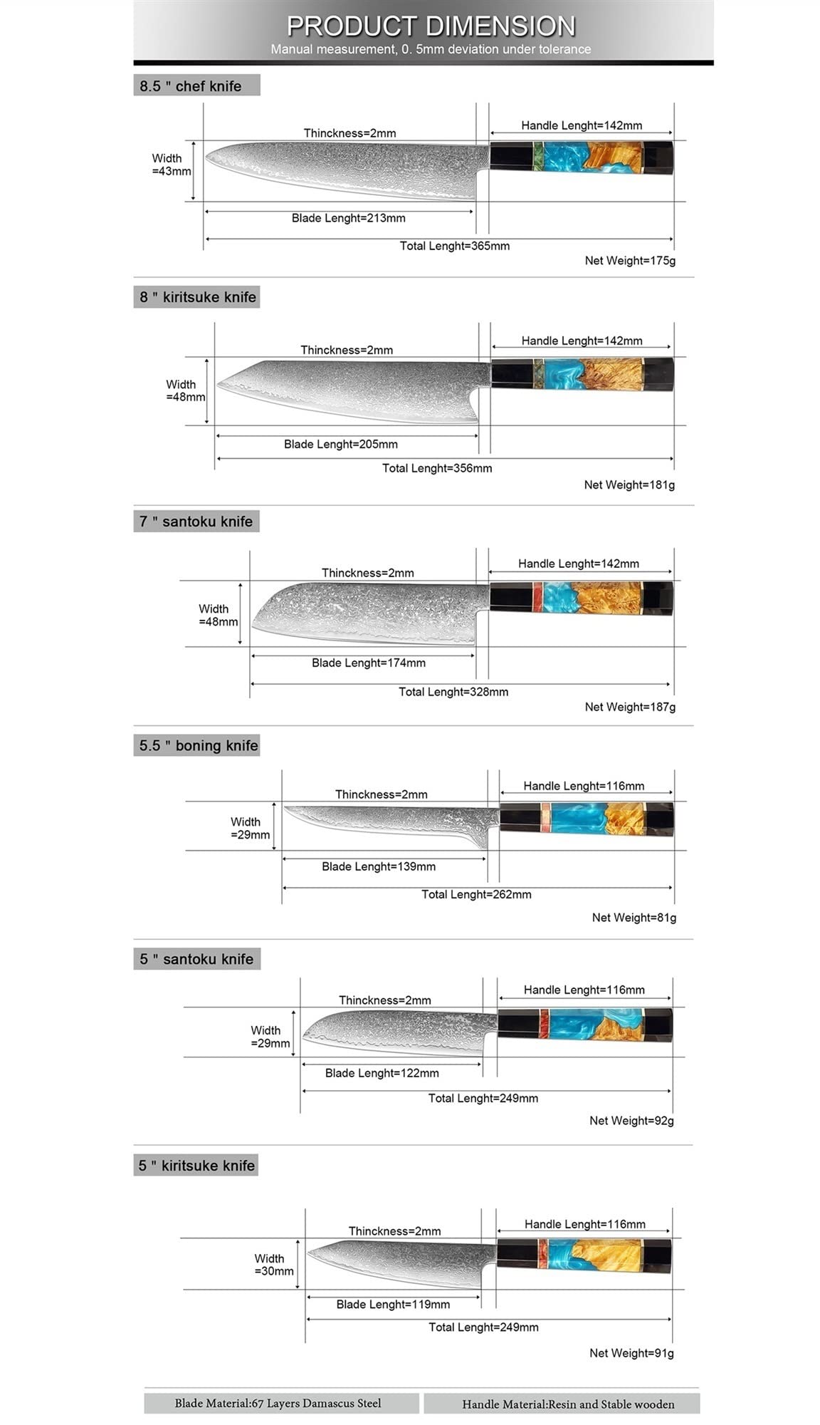 Premium Damascus Steel Kitchen Knife Set - 3-Piece Chef, Cleaver & Paring Knives with Resin & Horn Handle for Professional Cooking | Perfect for Home Chefs, Culinary Students & Restaurant Use (Color: B8800-3pcA)