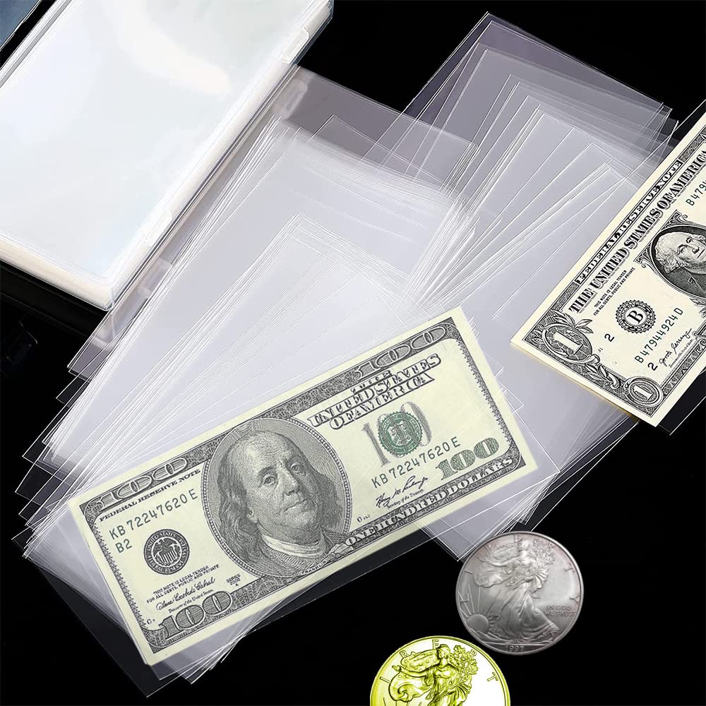 200PCS Clear Currency Sleeves for Dollar Bills - Protective Money Holders for Cash Collectors, Banknotes & Stamps - Perfect for Coin Collecting, Gift Money Storage & Financial Organization (200 Count)