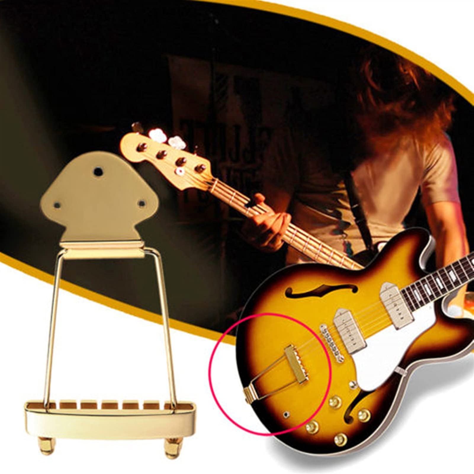 Golden Electric Guitar Bridge for 6-String Hollow/Semi-Hollow Jazz Guitars - Premium Tailpiece Replacement Part | Perfect for Jazz Performances, Studio Recording & Guitar Upgrades
