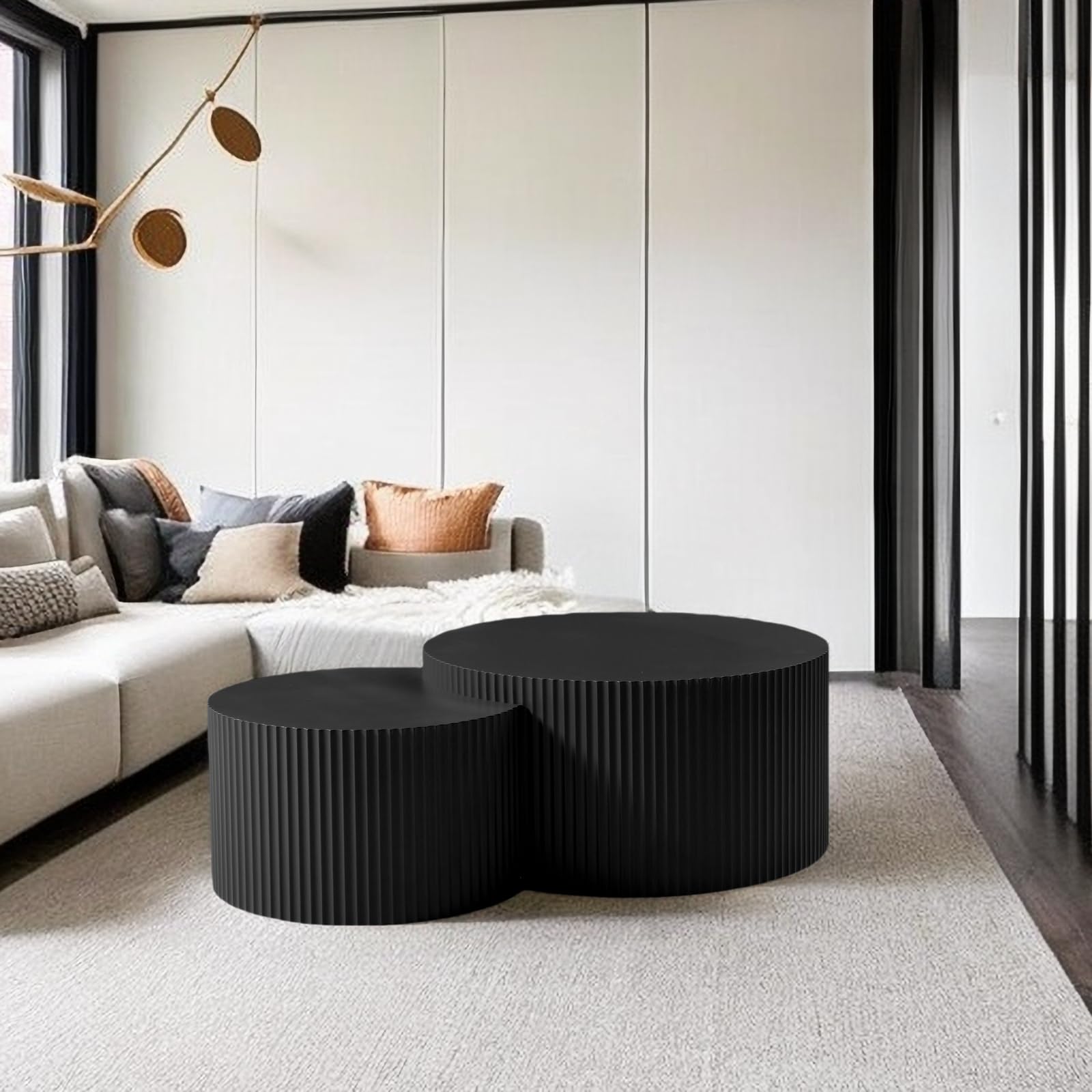 Modern Round Wooden Coffee Table Set of 2 - Nesting Accent End & Side Tables for Living Room, Matte Black | Space-Saving Furniture for Small Apartments & Cozy Home Decor