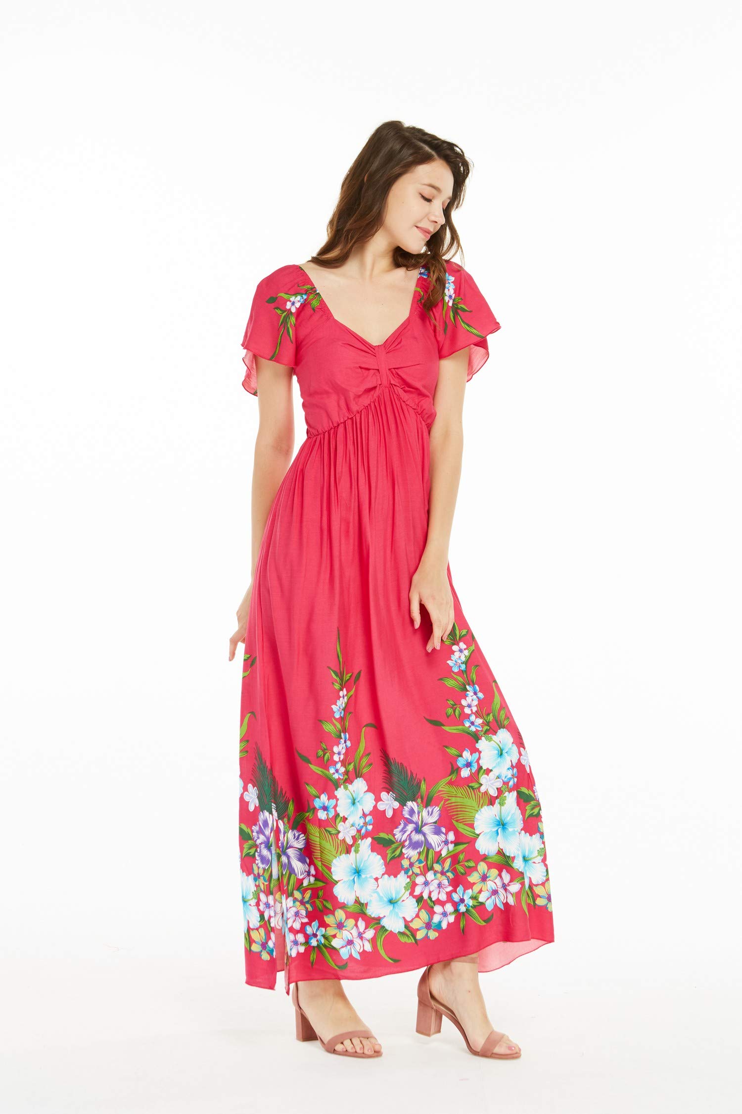 Women's Floral Hawaiian Maxi Dress with Ruffle Sleeves - Tropical Beach Vacation, Summer Party & Boho Chic Outfit