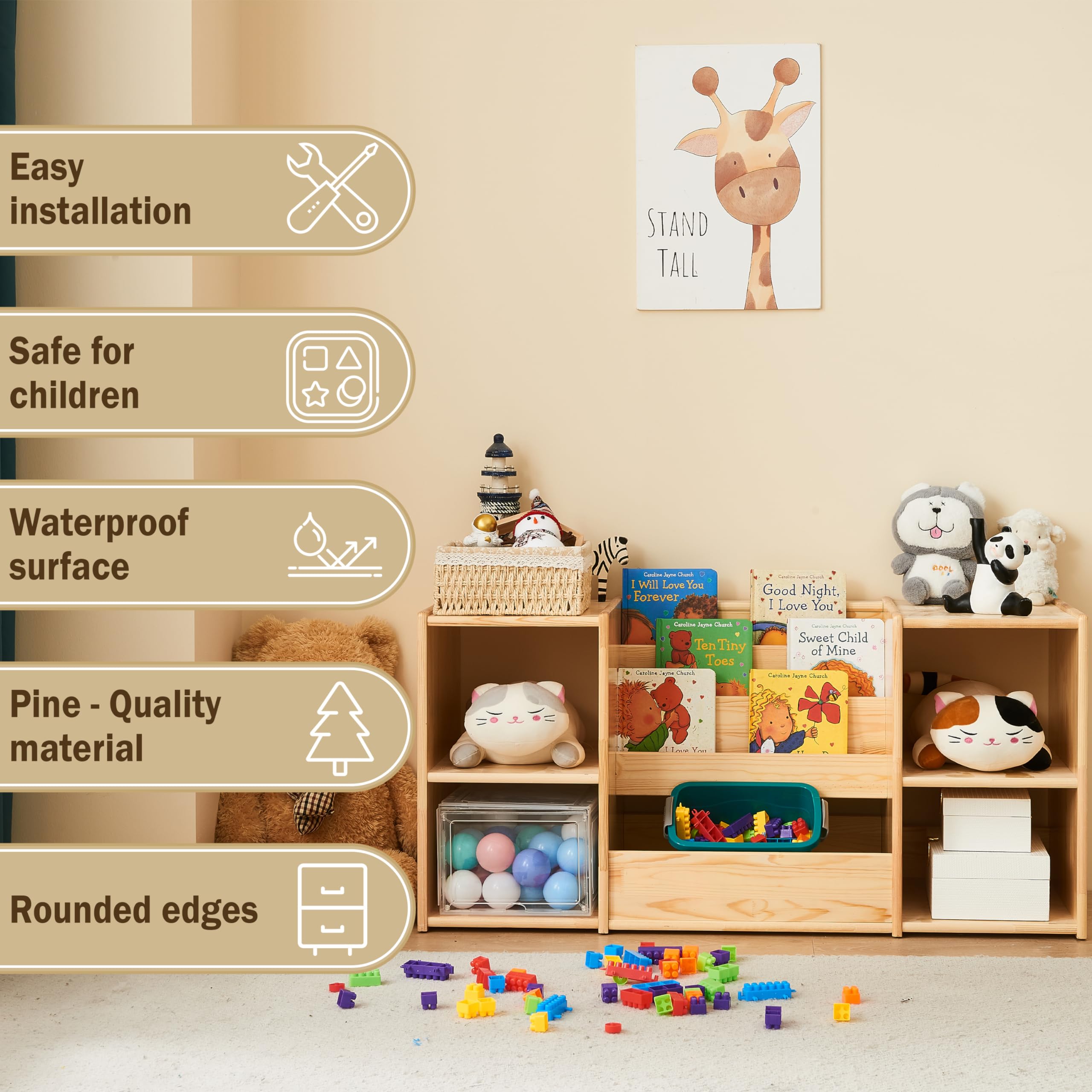 Montessori Bookshelf and Toy Storage Organizer - 3-Section Kids Bookcase with 2 Shelves, Natural Wood Toy Cabinet for Nursery & Playroom - Perfect for Organizing Children's Books, Toys, and Learning Materials