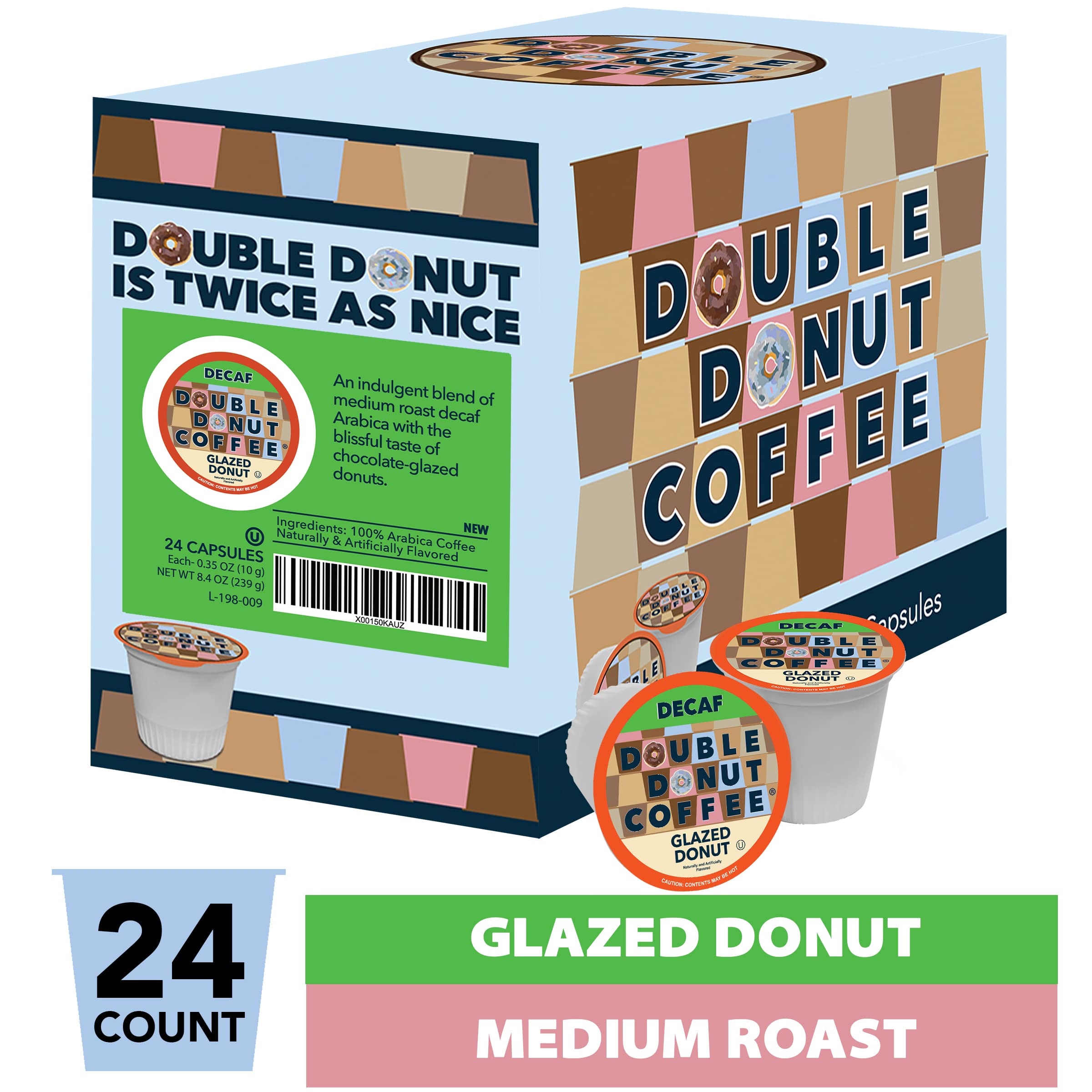 Double Donut Medium Roast Decaf Coffee Pods - Glazed Donut Flavored K-Cups for Keurig Brewers (24 Count) | Perfect for Morning Coffee & Office Break Room