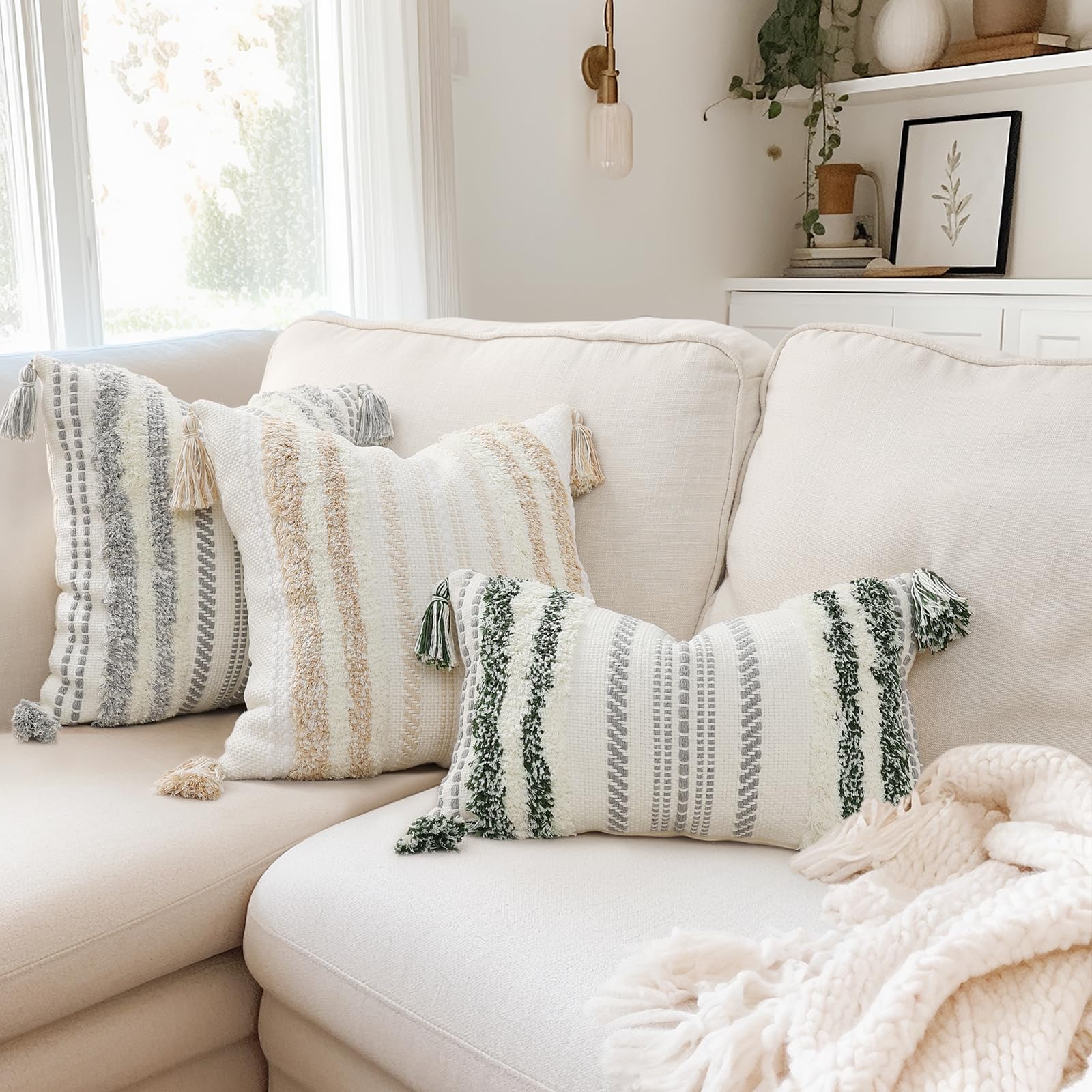 Boho Throw Pillow Covers 20x20 Set of 2 - Neutral Textured Tufted Striped Decorative Cushion Covers for Sofa, Couch, Bed & Living Room - Grey and Cream White - Perfect for Boho Chic, Farmhouse & Modern Home Decor