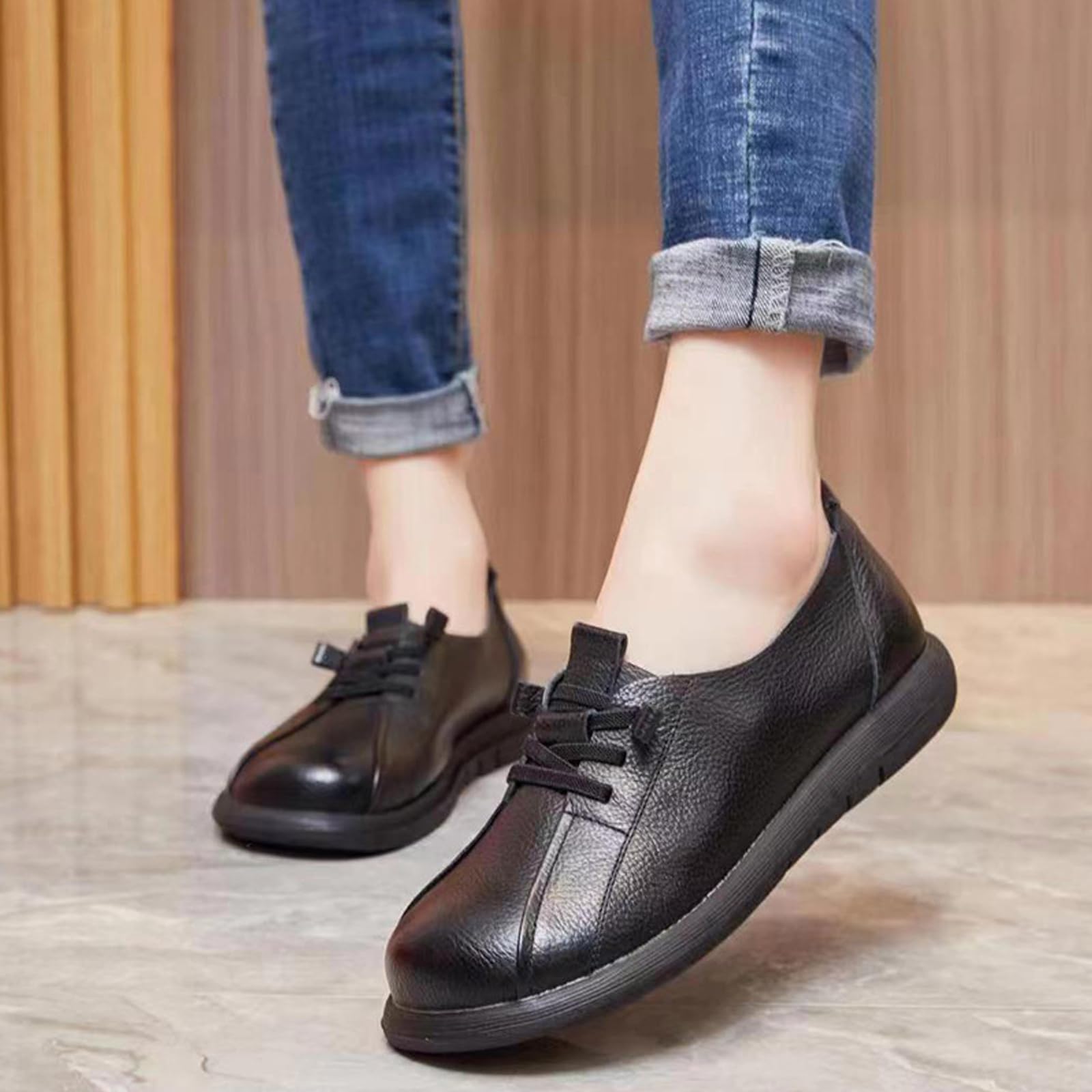 Women's Comfortable Leather Loafers - Soft Sole Slip-On Walking Shoes with Round Wide Toe & Non-Slip Design | Lightweight Casual Shoes for Mom | Perfect for Outdoor, Work & Everyday Wear