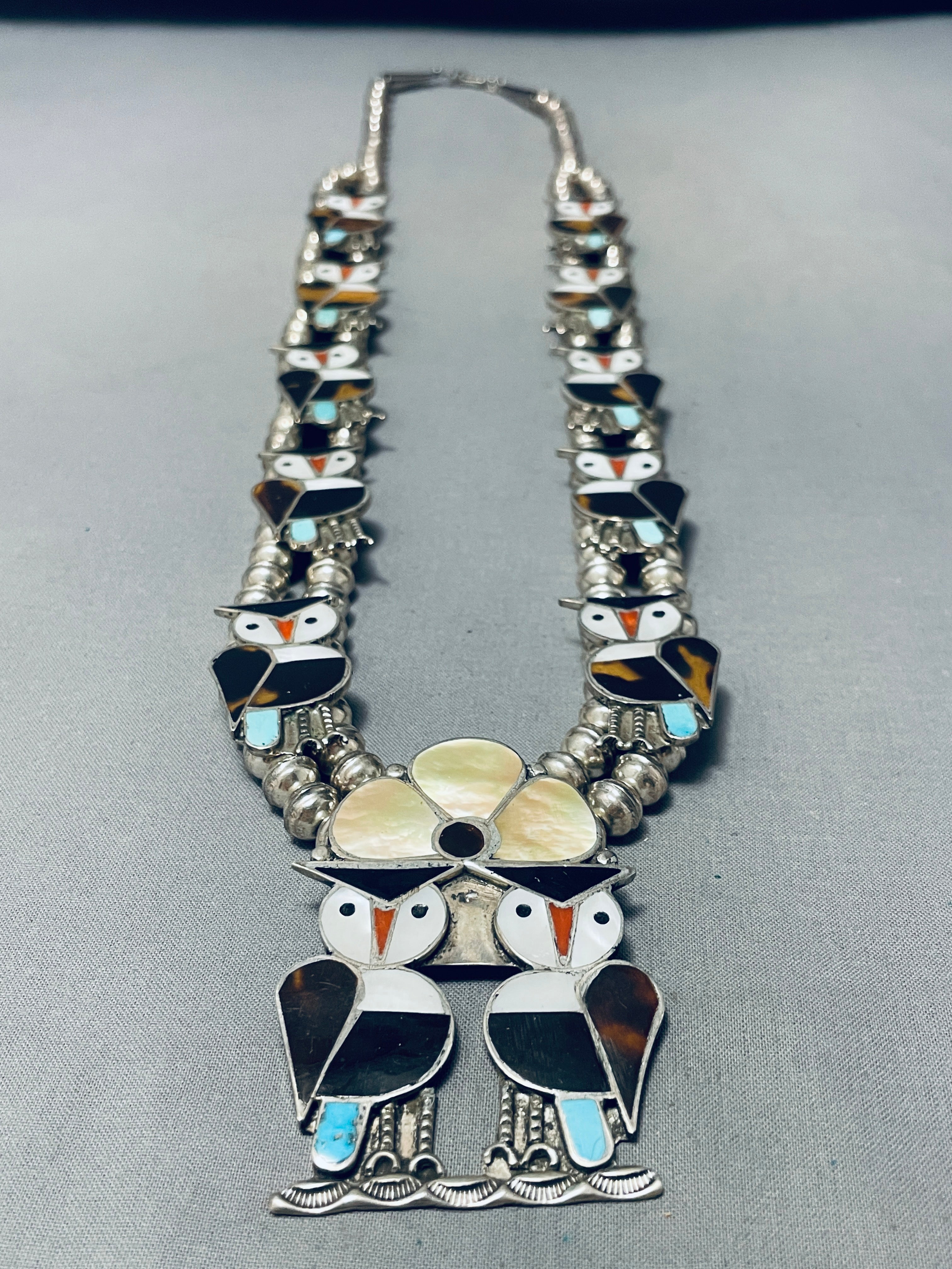 Vintage 1970s Zuni Native American Owl Sterling Silver Squash Blossom Necklace - 149g Handcrafted Inlay Jewelry for Boho Fashion & Southwest Style Outfits