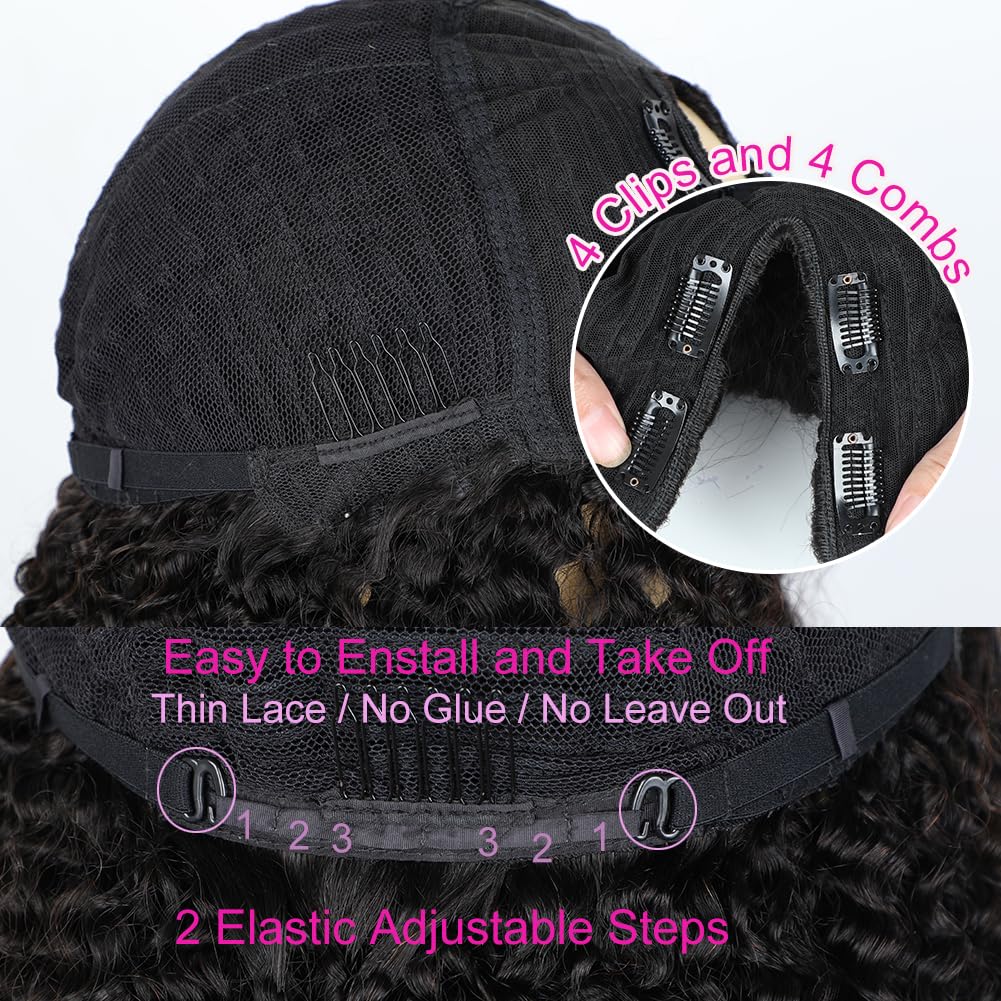 V SHOW 20 Inch V Part Deep Wave Human Hair Wigs - Glueless No Leave Out Curly Wave U Part Wig 150% Density (Natural Black) for Women | Perfect for Daily Wear, Parties & Special Occasions