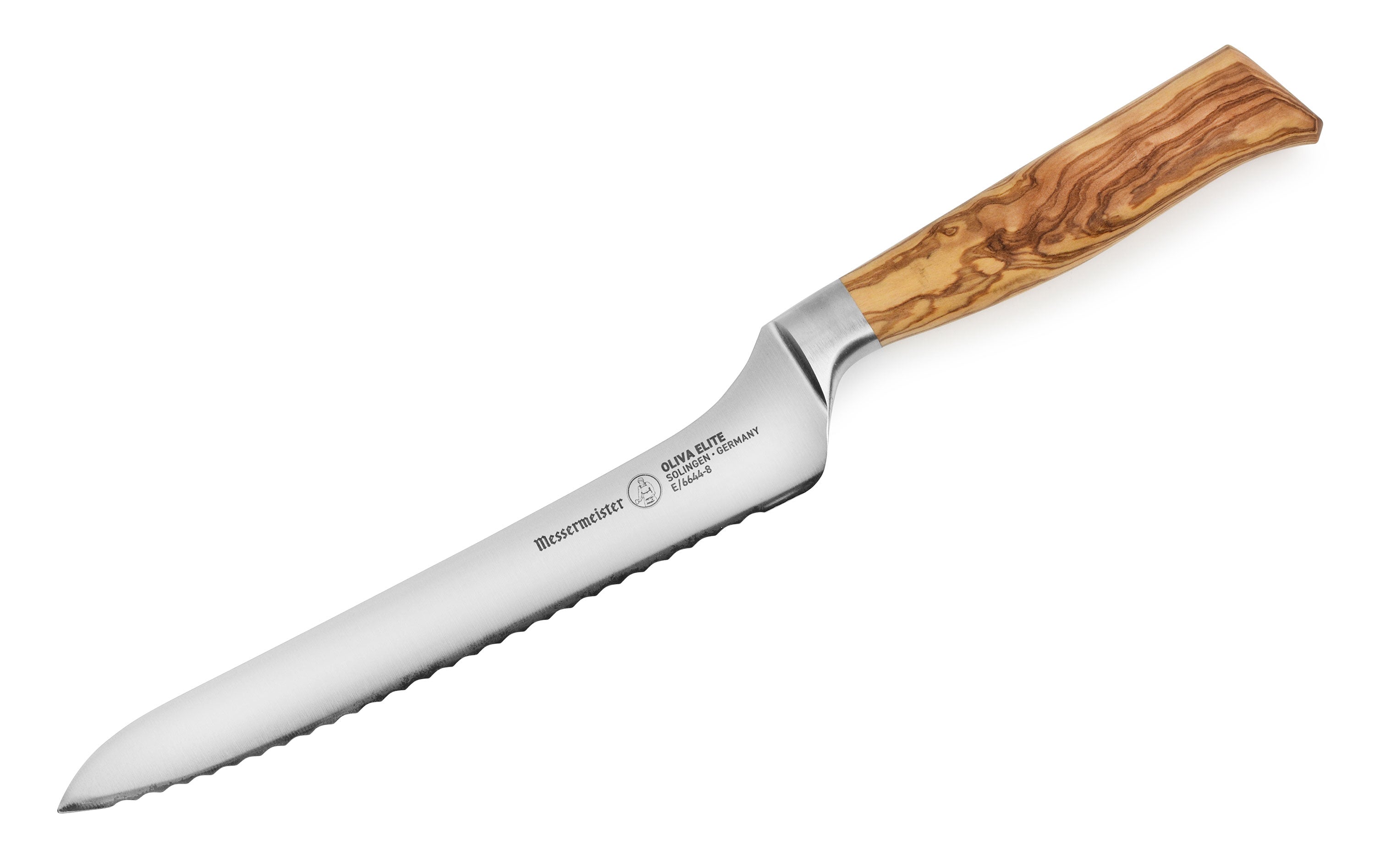 Messermeister Oliva Elite 8 Inch Scalloped Offset Knife - Premium German Stainless Steel Kitchen Knife for Slicing, Dicing & Food Prep - Perfect for Chefs & Home Cooking