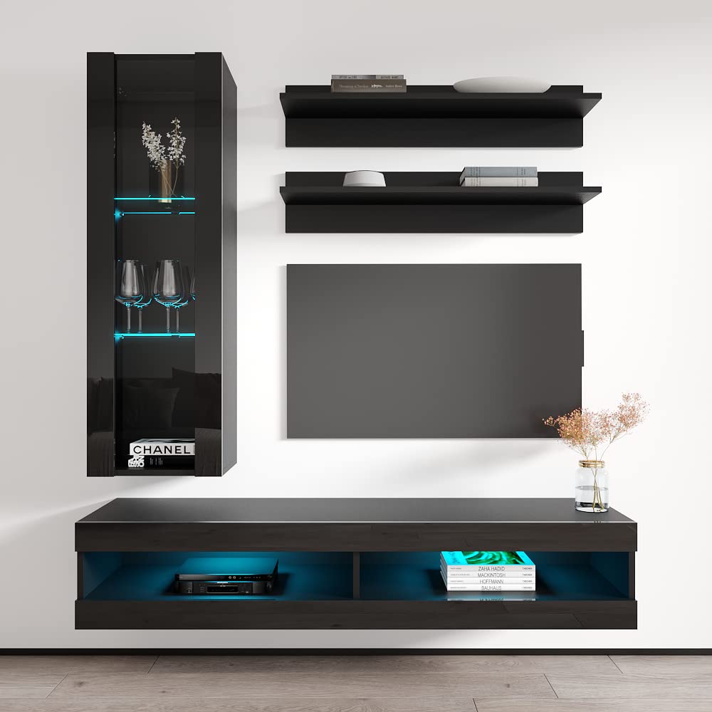 Modern Floating TV Stand with Storage & LED Lights - Wall-Mounted Entertainment Center for Living Room & Bedroom - Holds up to 34