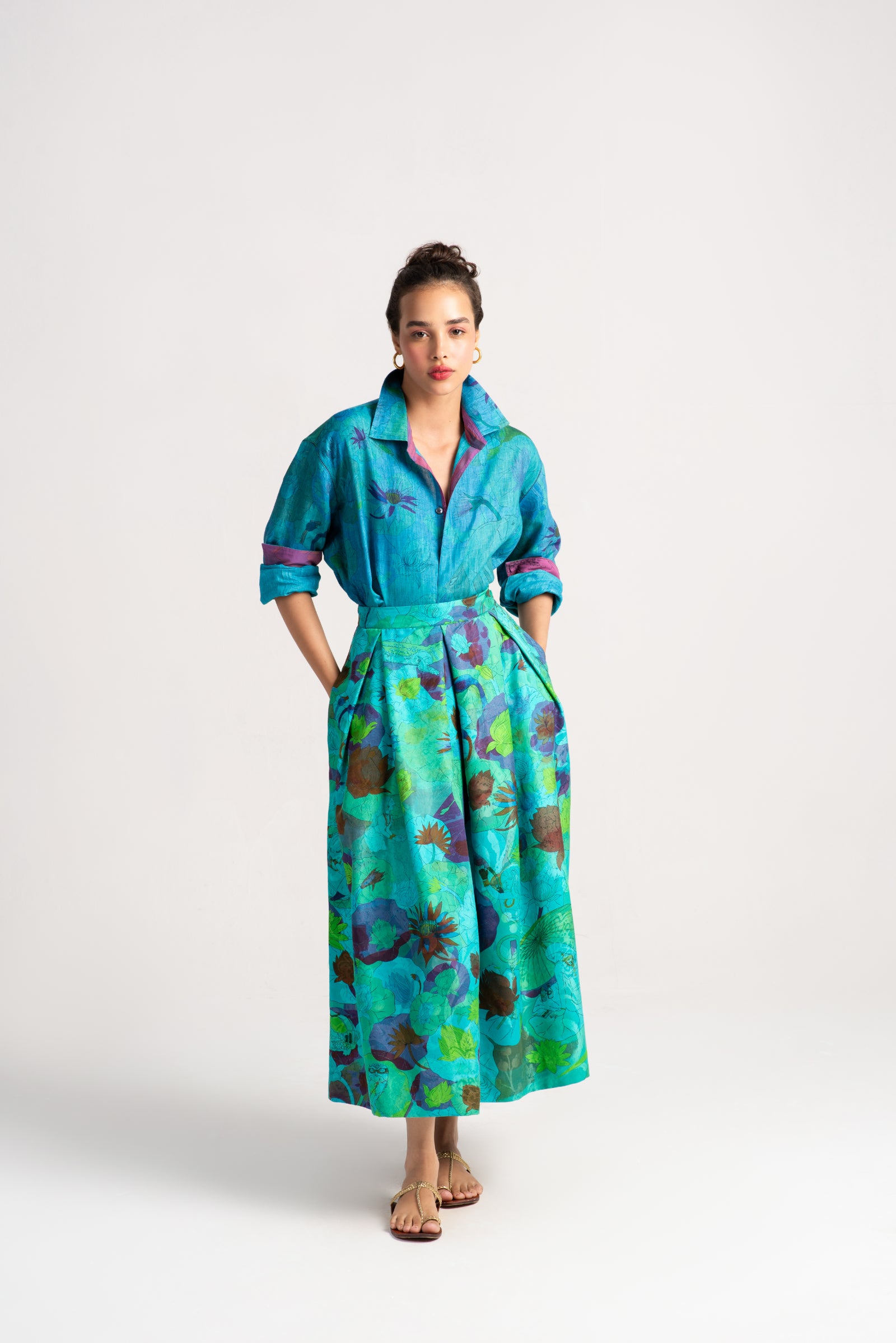 Elegant Audrey Silk Damask Skirt in Aqua Blue | Vintage-Inspired Floral Print Midi Skirt for Women | Perfect for Weddings, Parties & Special Occasions
