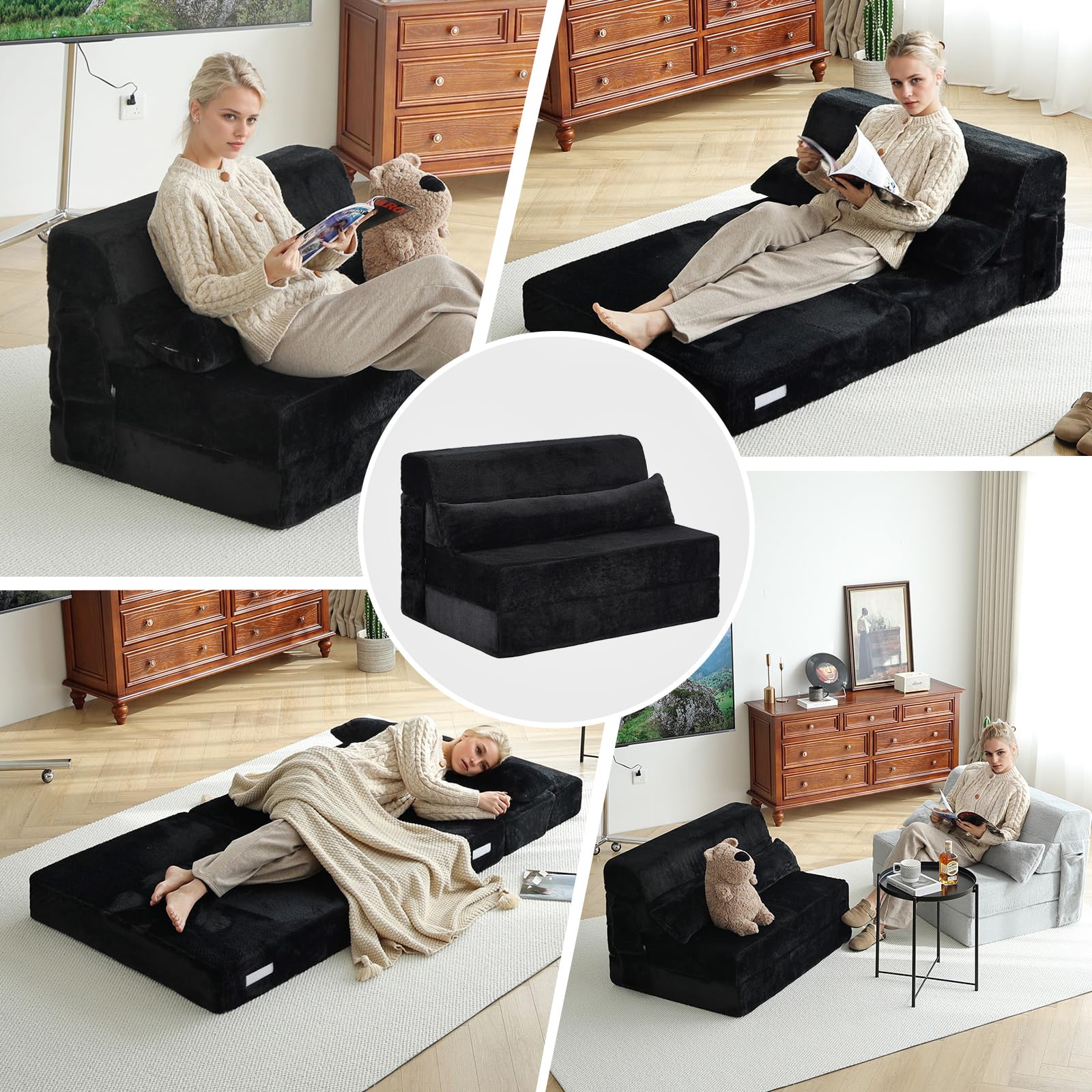 Tiita Folding Sofa Bed with Pillow - Single Size Mattress & Plush Fabric - Portable Storage Bag Included - Multi-Functional Floor Lounger Chair Bed - Perfect for Living Room, Guest Room, Dorm, Apartment, Loft & Home Office - Space-Saving Black Convertible Furniture - Great for Small Spaces, Overnight Guests & Relaxing