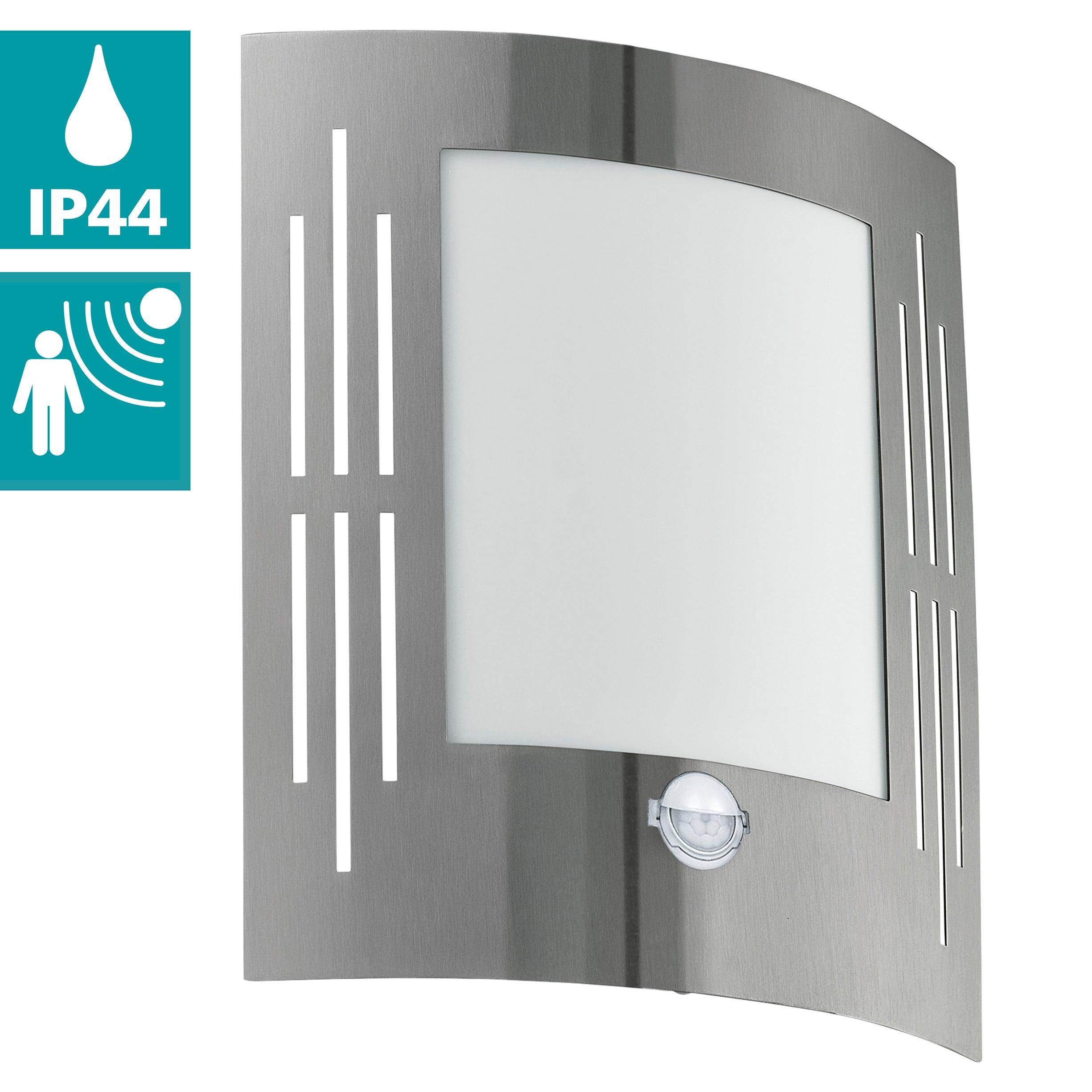 Eglo City IP44 Waterproof Outdoor Wall Light with Curved Design, PIR Motion Sensor, Steel & Glass Construction - Perfect for Porch, Garage, and Garden Lighting