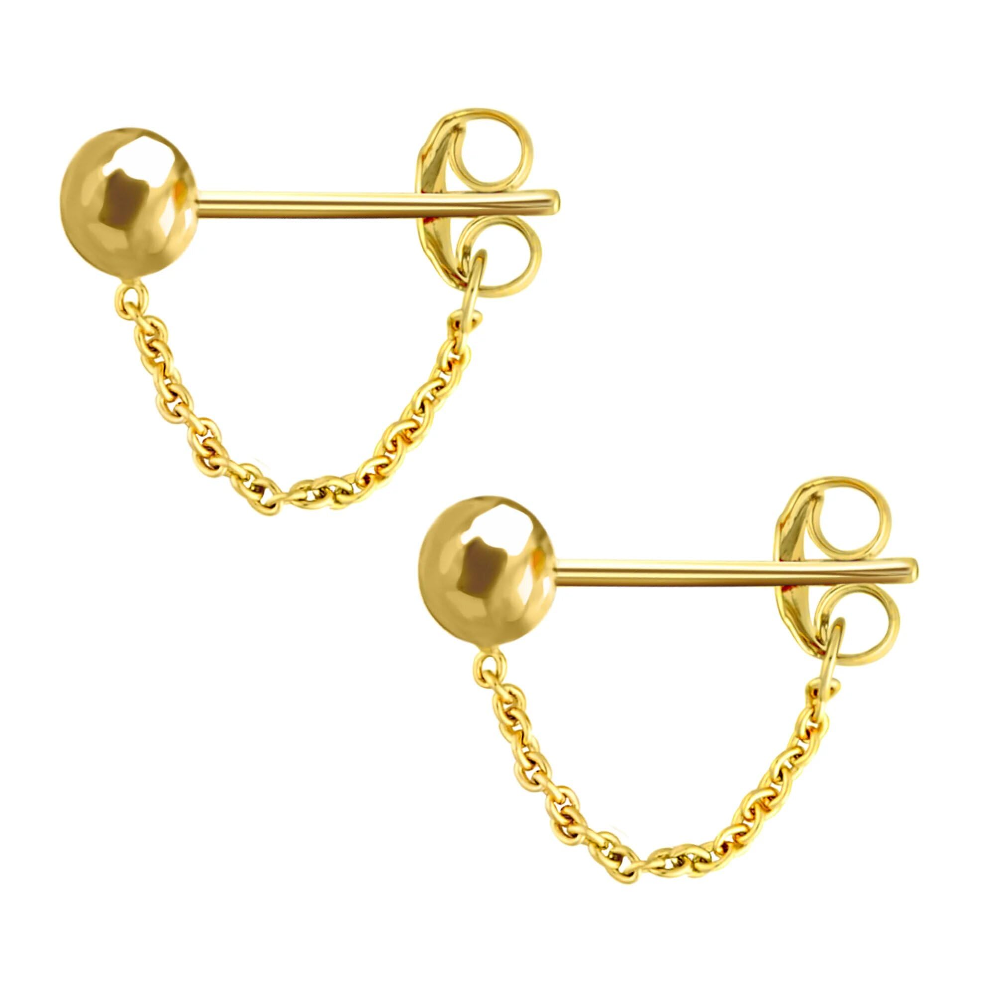 14K Solid Gold Ball Stud Chain Earrings - Dainty Minimalist Yellow Gold Hoop Earrings for Women | Everyday Wear, Gift for Her, Wedding & Party Jewelry