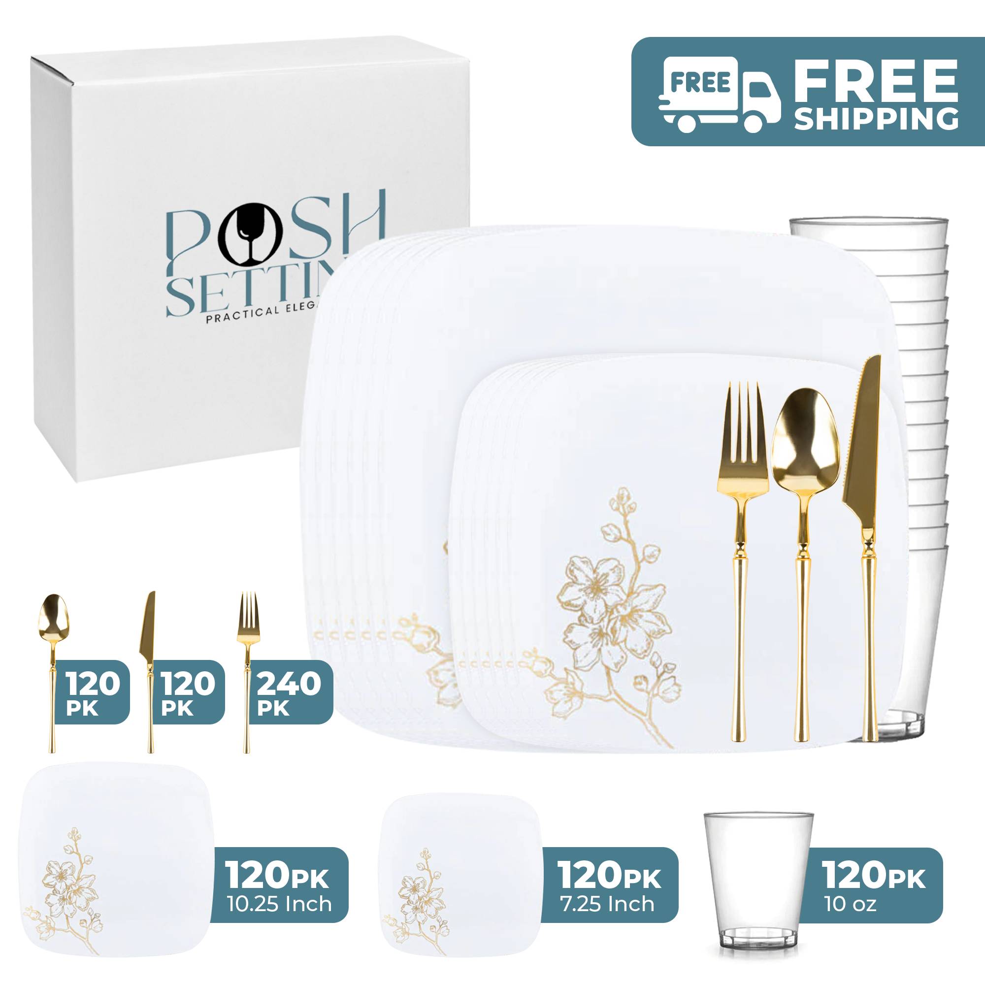 Elegant White and Gold Plastic Party Bundle - 50 Pack Gold Buds for Weddings, Birthdays & Special Events - Disposable Tableware Set for Elegant Celebrations