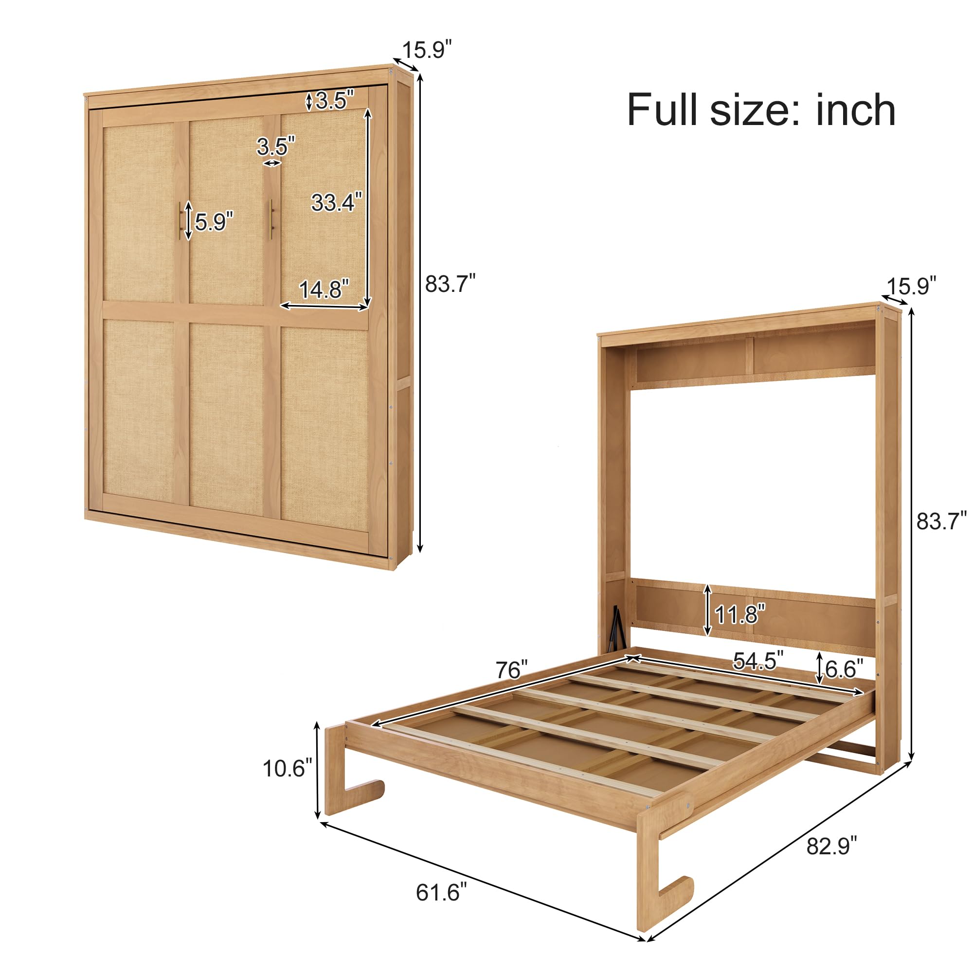 HABITRIO Full Size Murphy Bed with Solid Wood Frame and Rattan Cabinet - Space Saving Wall Bed for Guest Room, Home Office, or Small Apartments - Natural Finish