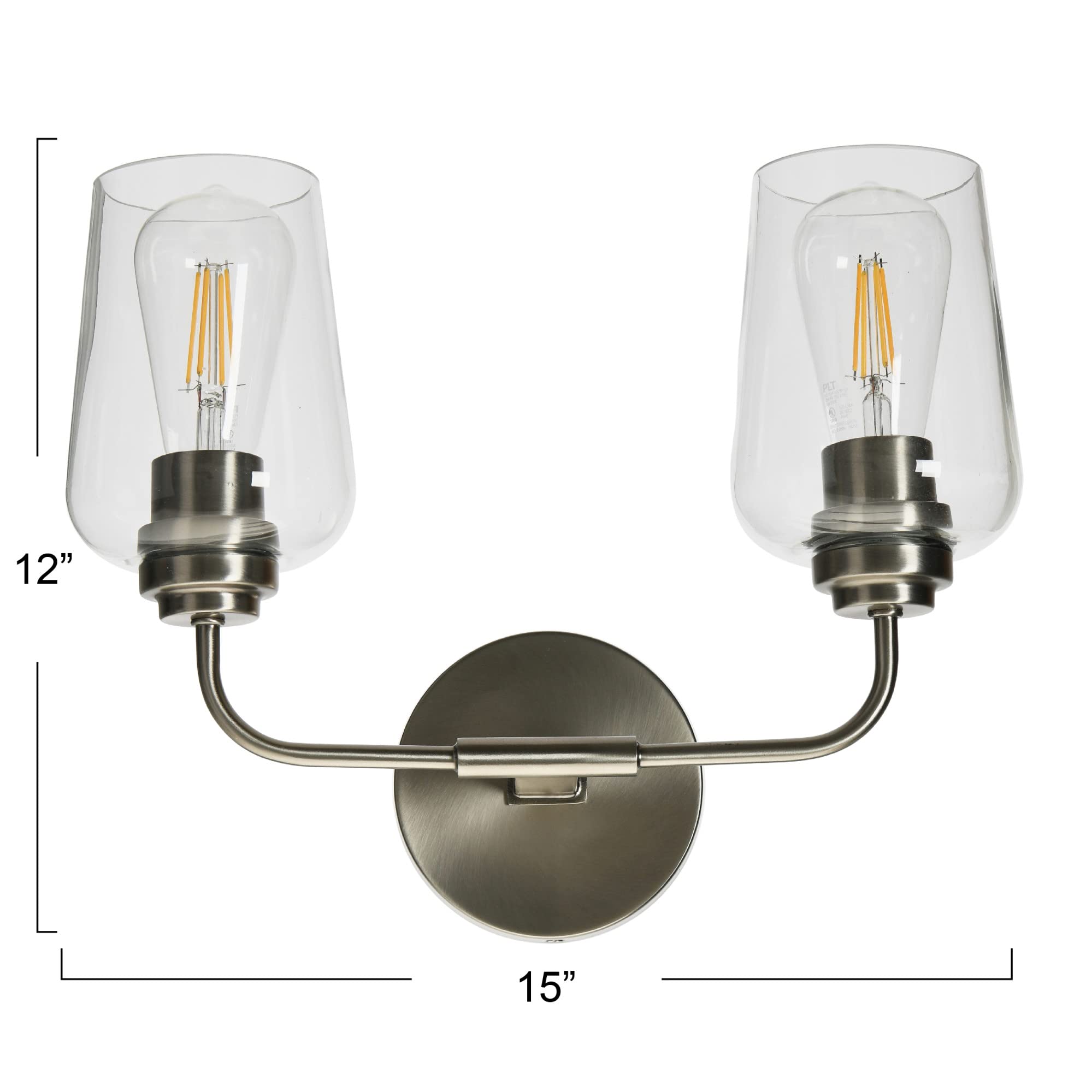 Holden 2-Light Vanity Light Fixture - Antique Nickel Finish Metal & Glass Bathroom Sconce for Mirror Lighting | Perfect for Bathroom, Powder Room & Dressing Area Makeup Lighting