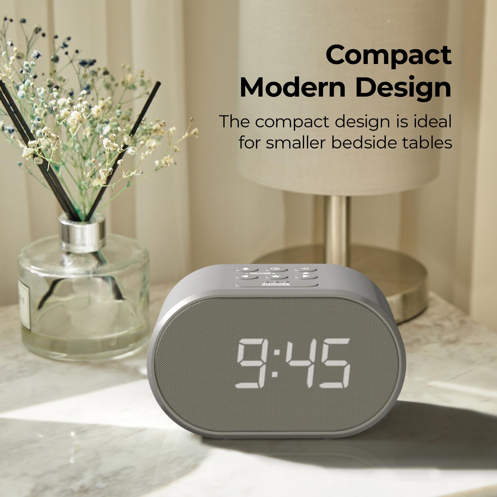 i-Box Alarm Clock with FM Radio, USB Charging Port & Dimmable LED Display - Battery or Mains Powered, Silent Non-Ticking Design for Bedroom, Office, Travel & Nightstand Use (Grey)