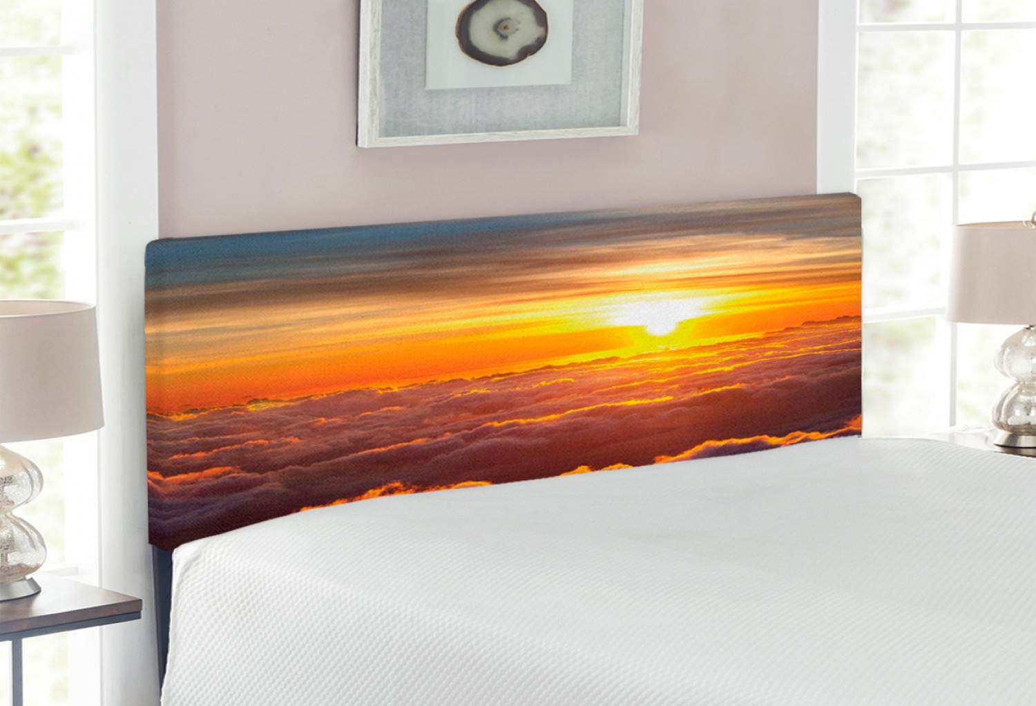 Ambesonne Sunset Clouds Upholstered Headboard - Full Size Decorative Metal Bed Frame with Memory Foam, Orange | Cloud-Themed Bedroom Decor for Cozy Sunset Vibes