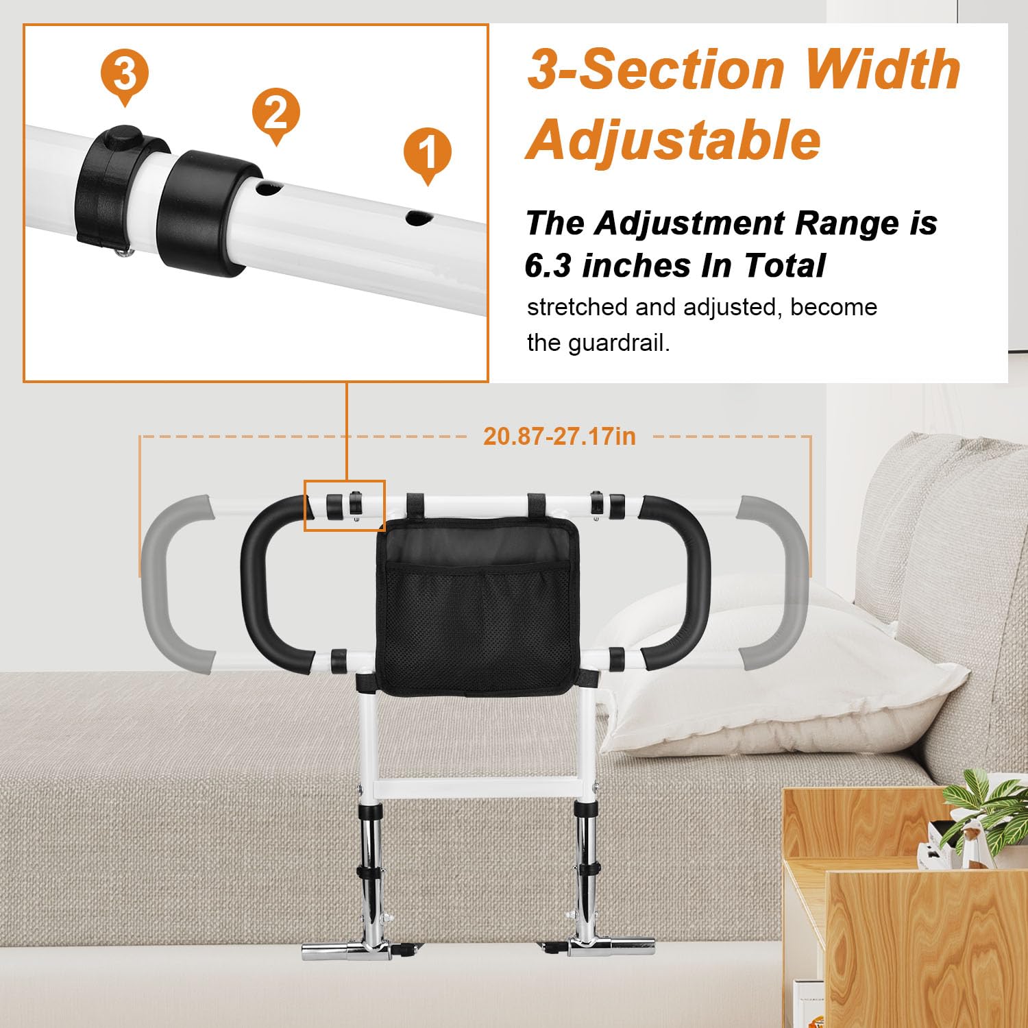 Foldable Retractable Bed Assist Rail for Elderly - Adjustable Height Safety Rail with Dual Grab Bars & Storage Pocket - Fits Medical, Queen & Twin Beds - Ideal for Home Care & Senior Safety