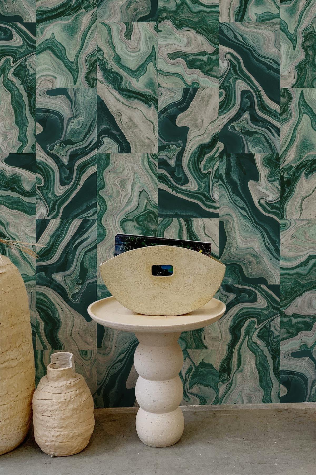 Premium Marble Tiles - Set of 2 Elegant Green Stone Tiles for Kitchen Backsplash, Bathroom Wall Decor & Home Renovation
