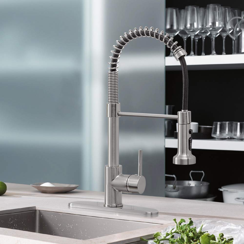 Hoimpro High Arc Brushed Nickel Spring Kitchen Faucet with Pull Down Sprayer - 3 Function Single Handle Laundry Faucet for RV, Home & Commercial Use - Durable Brass Construction (Single or 3 Hole Installation) - Perfect for Modern Kitchens, Camper Sinks & Utility Rooms