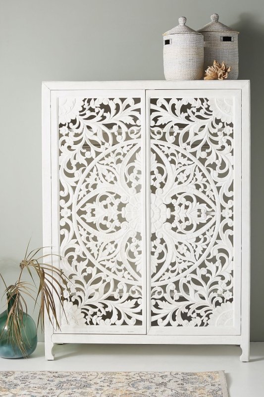 Hand Carved White Lombok Armoire - Solid Wood Handmade Wardrobe for Bedroom & Living Room Storage | Vintage Style Closet Organizer for Home Decor