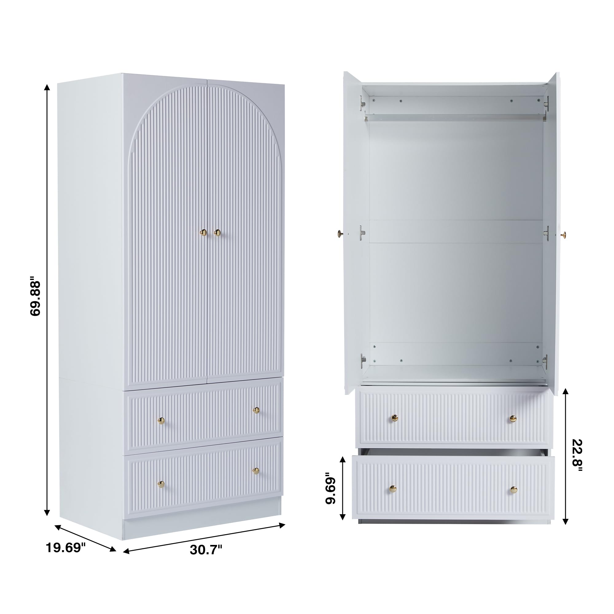 ORRD 2-Door Freestanding Armoire Wardrobe Closet - Large Capacity Wooden Storage Cabinet with 2 Drawers for Bedroom (White) | Perfect for Organizing Clothes, Shoes & Accessories in Small Spaces