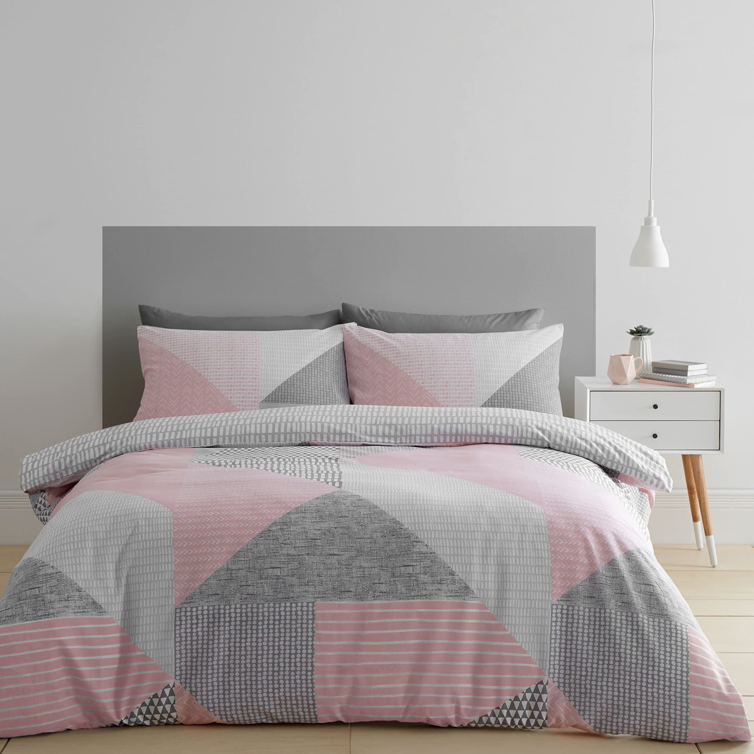 Catherine Lansfield Larsson Geo Pink Double Duvet Cover Set with Pillowcases - Soft Geometric Bedding for Master Bedroom & Guest Room