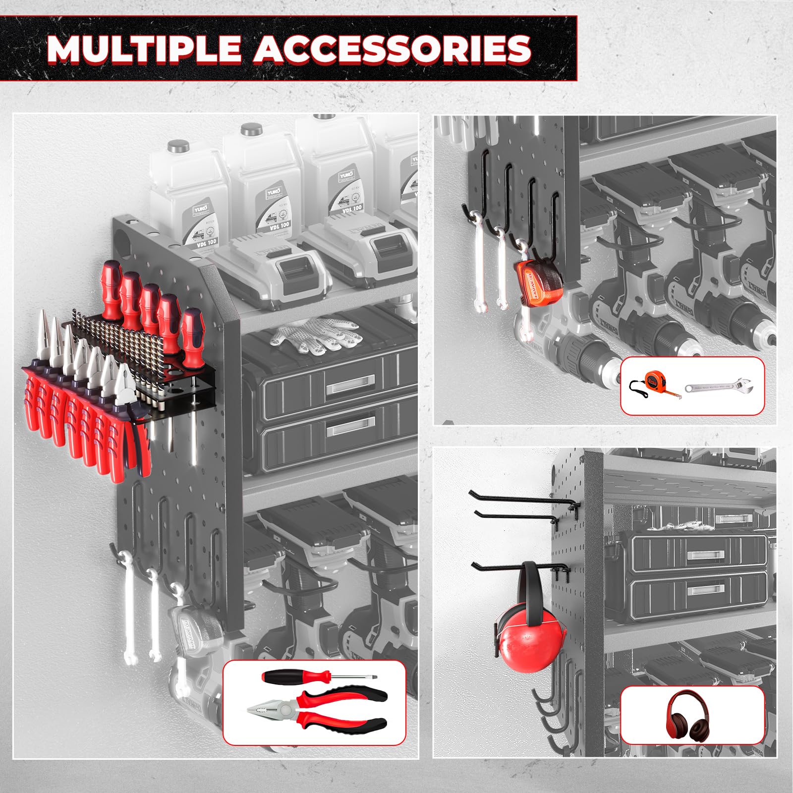 Kafahom Heavy Duty Metal Power Tool Organizer with Charging Station - 8 Drill Holder Wall Mount & Built-in 8 Outlet Power Strip - Garage Tool Storage Rack & Shelf for Workshop, Home DIY, and Professional Use