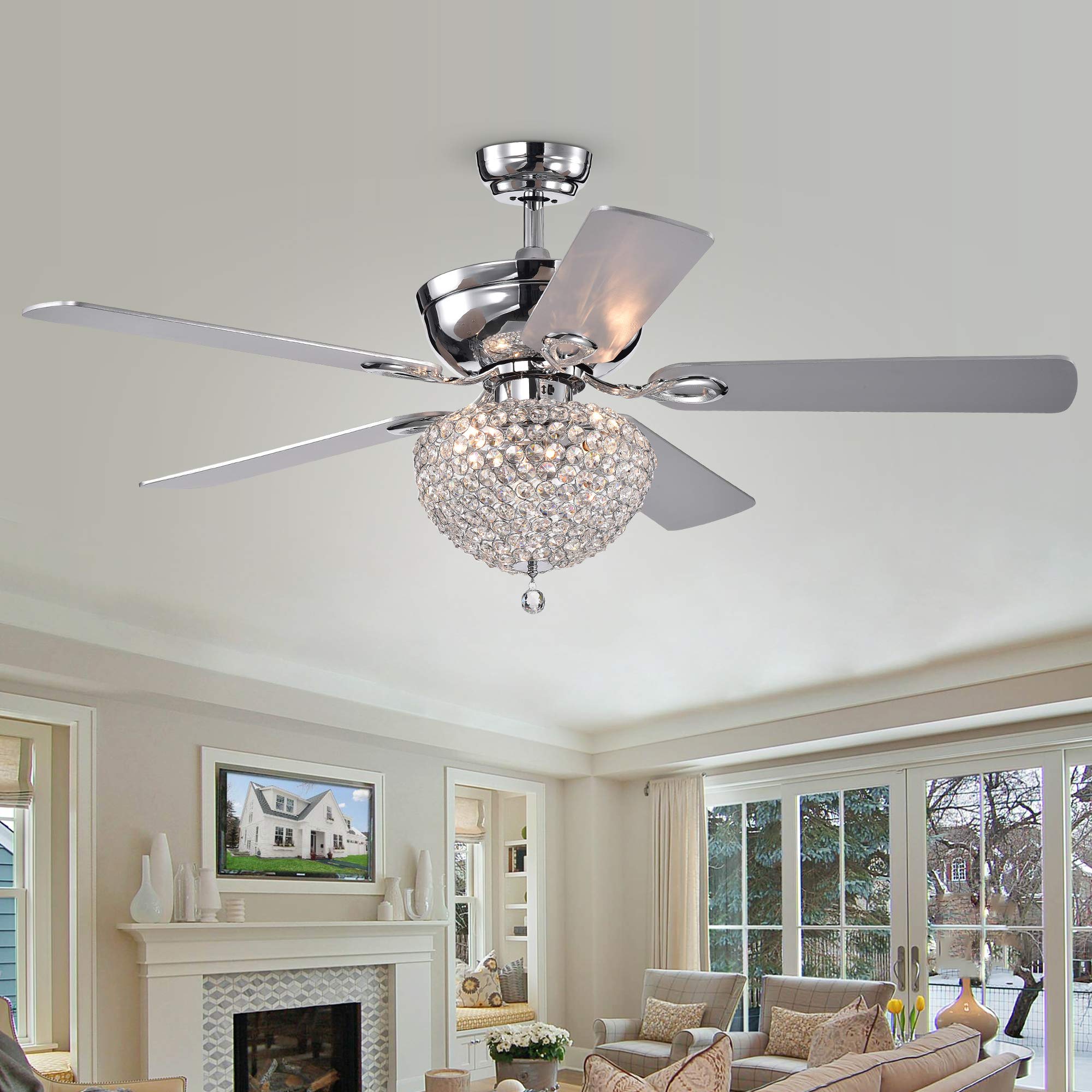 Tiffany CFL-8176REMO/CHA Swarna Chrome 5-Blade 52-inch Crystal Bowl Chandelier Ceiling Fan with Remote Control - Perfect for Living Room, Bedroom, and Dining Room Lighting