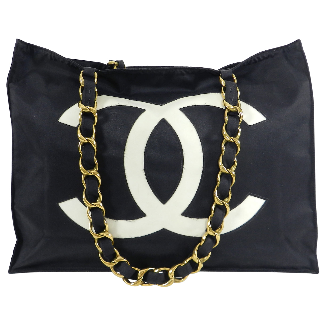 Vintage Chanel 1991 Black Nylon CC Logo Tote Bag with Gold Chain Straps - Luxury Designer Handbag for Women, Perfect for Evening Parties & Fashion Events