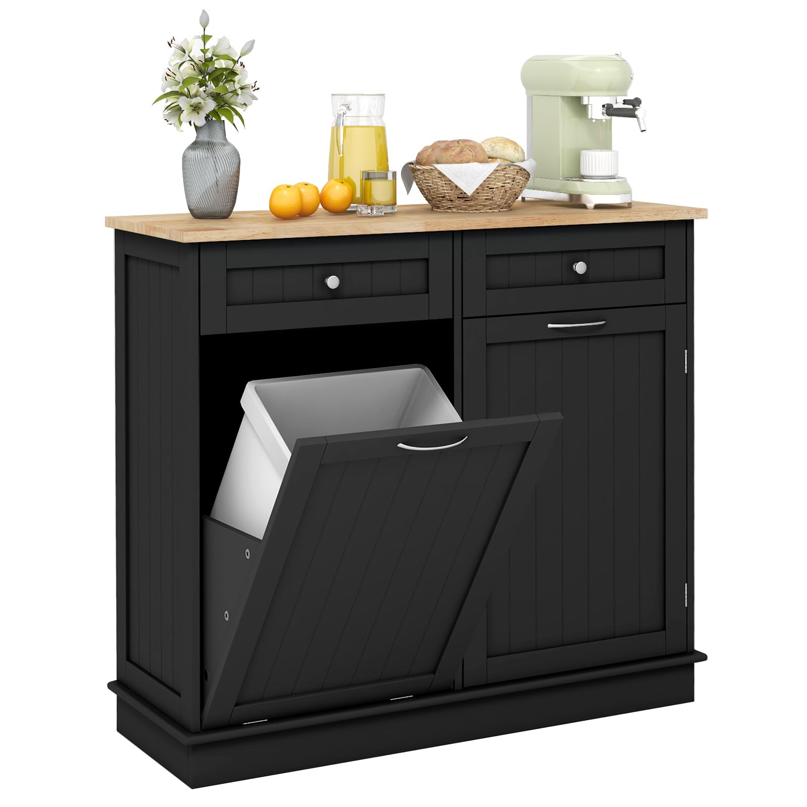 Giantex 15.5 Gallon Kitchen Trash Cabinet with Tilt-Out Bin | Rubber Wood Countertop Kitchen Island Organizer | 2 Drawers & Adjustable Shelf | Black Waste Recycling Storage for Small Spaces & Apartments | Perfect for Kitchen Organization & Garbage Disposal