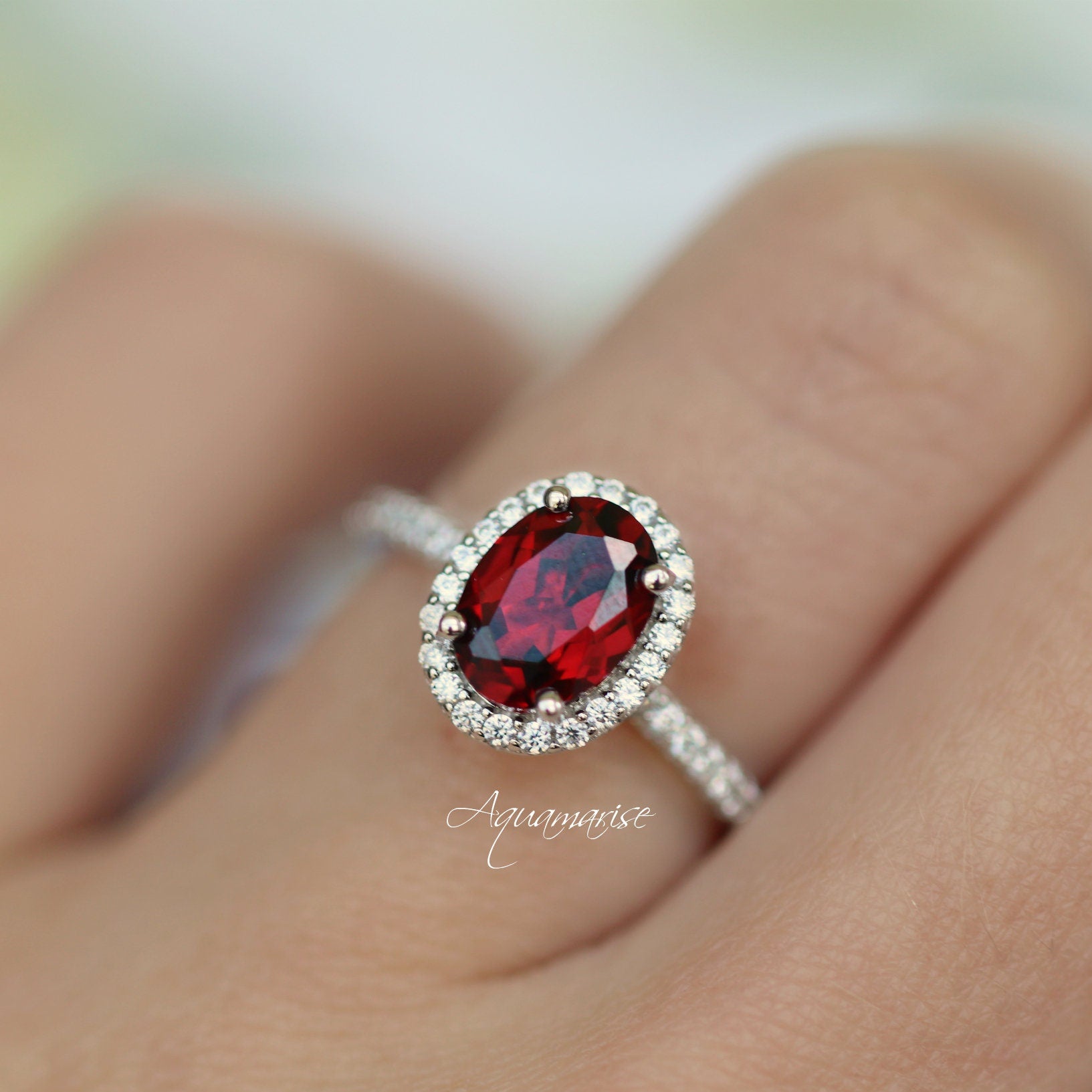 14K White Gold Oval Red Garnet Engagement Ring for Women - Elegant Wedding & Promise Jewelry Gift for Her